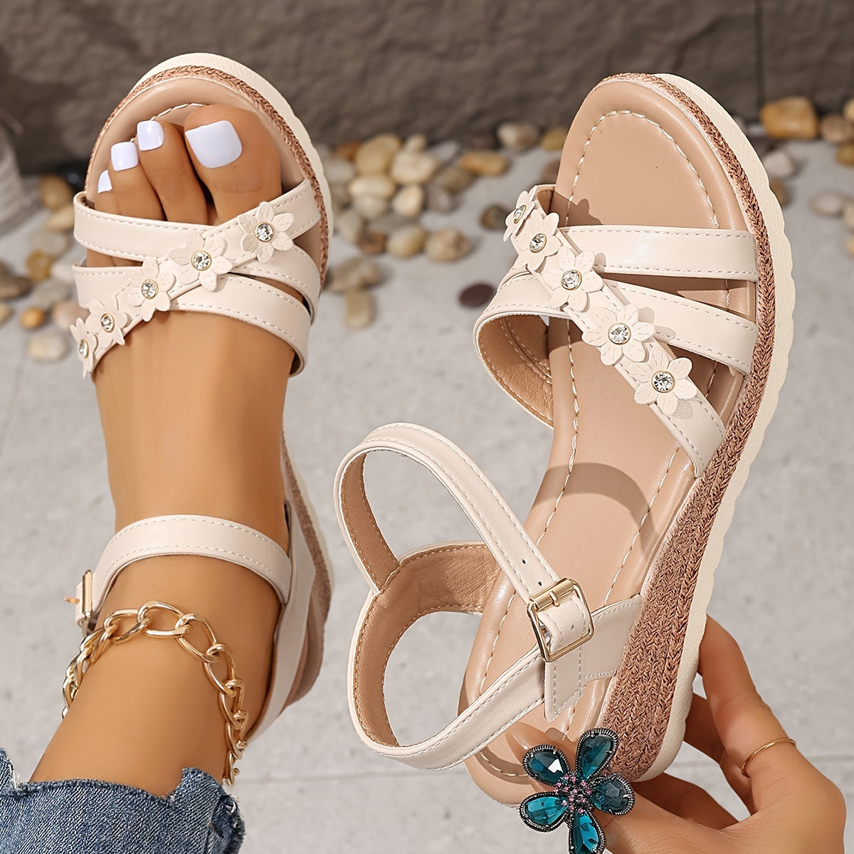 Women's Floral Strap Wedge Sandals, Vintage Platform Ankle-Stra Summer Fashion,