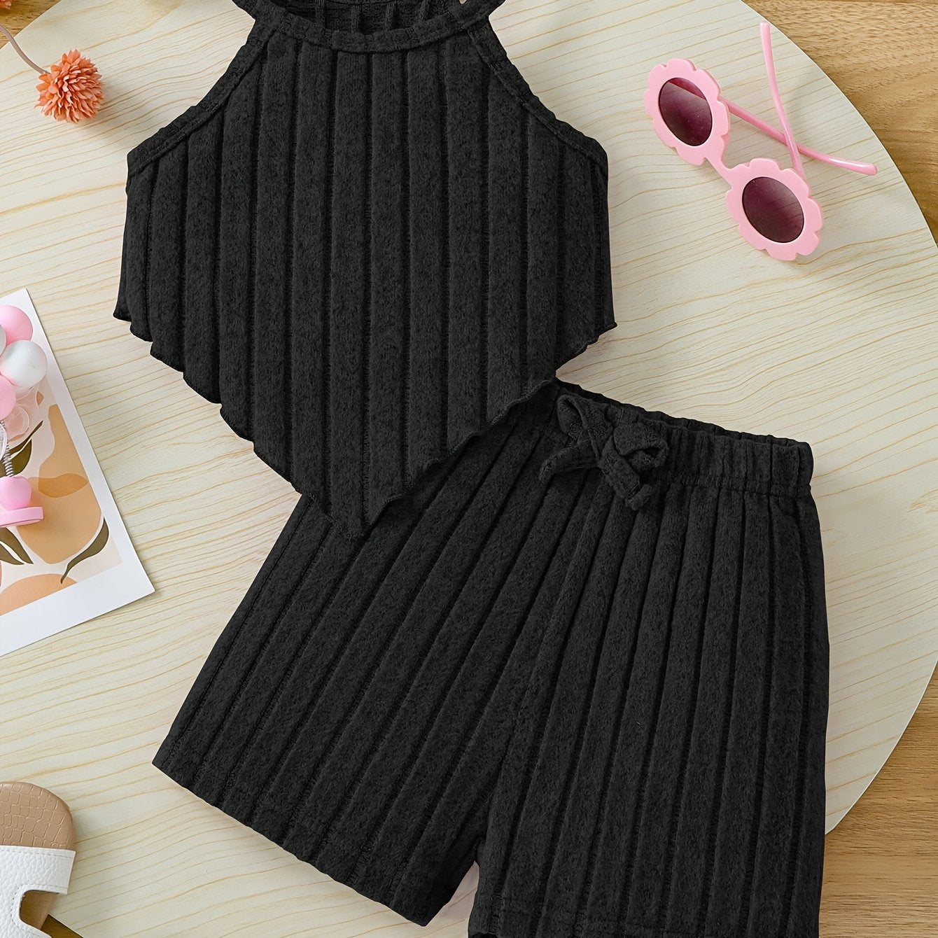 2pcs Summer Girls' Solid Color Crop Top and Bow-Decorated Striped Pants Set