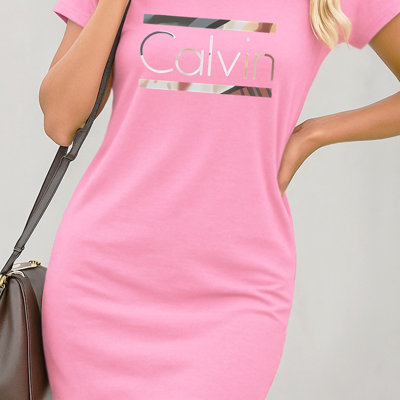 Women'S Plus Size "Calvin" Graphic T-Shirt Dress - Soft Stretch Fabric, Short Sleeve, Round Neck, Pink Casual Summer Dress for Casual Attire,