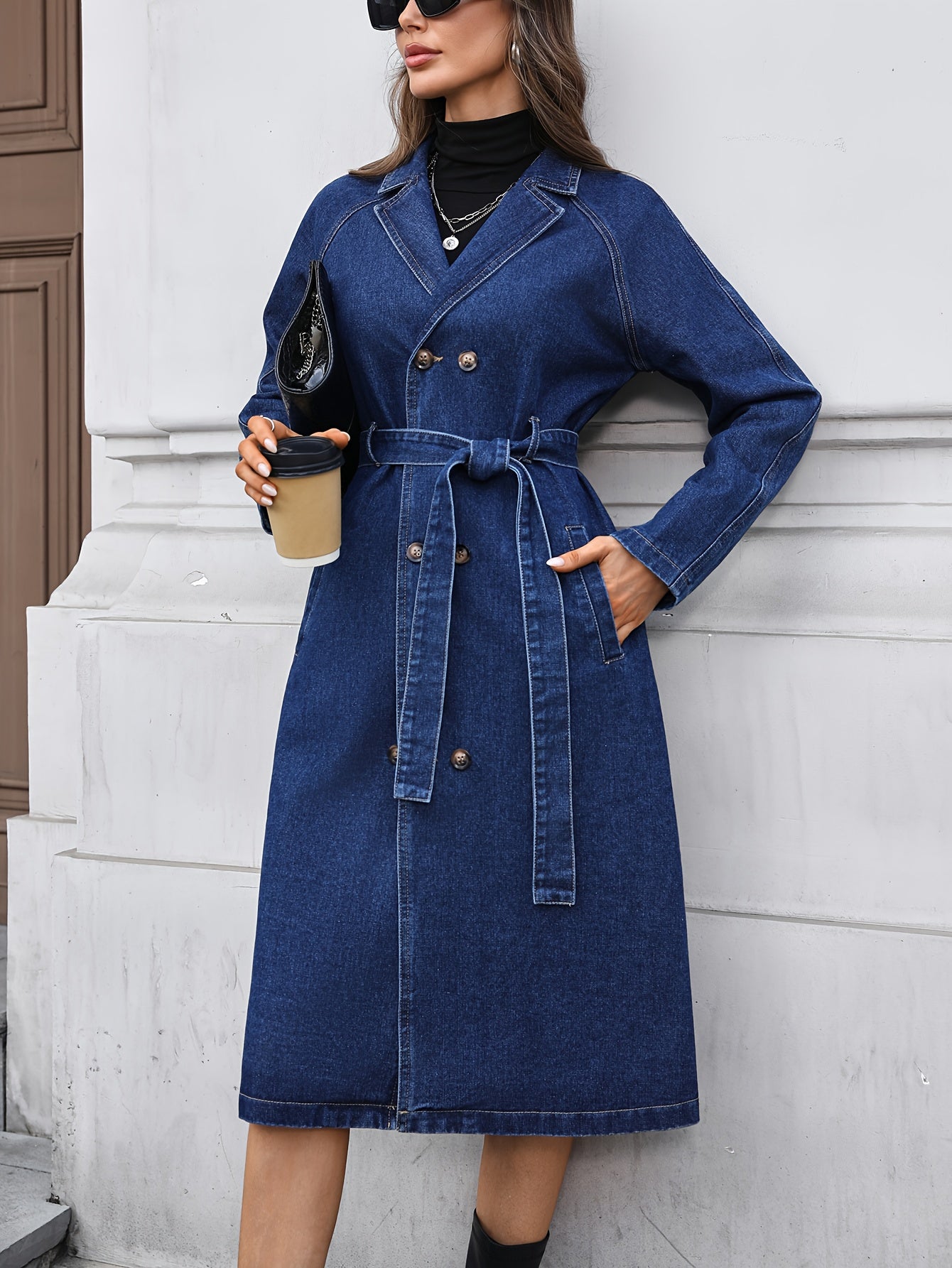 Morin Women's Long Denim Jacket - Elegant Fall/Winter Coat with Belted Waist