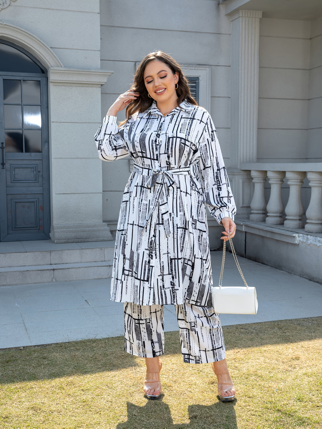 Plus Size Long Sleeve Shirt and Pants Set with Floral Print