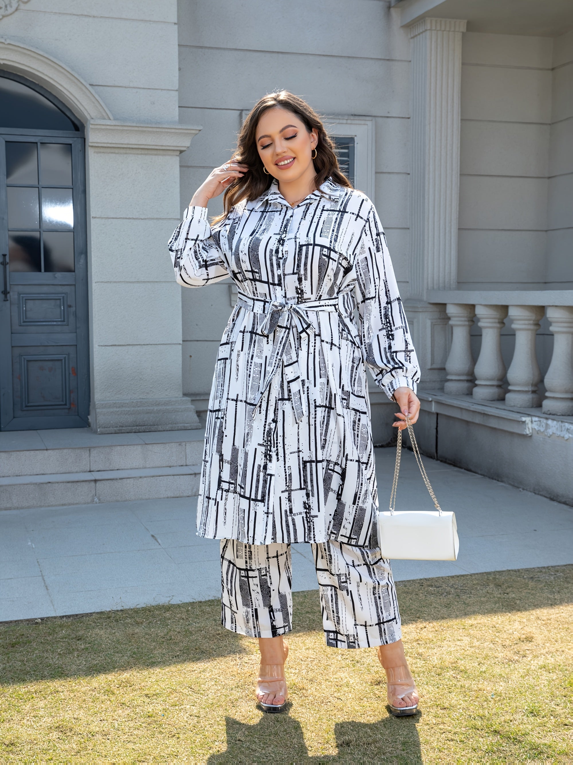Plus Size Long Sleeve Shirt and Pants Set with Floral Print