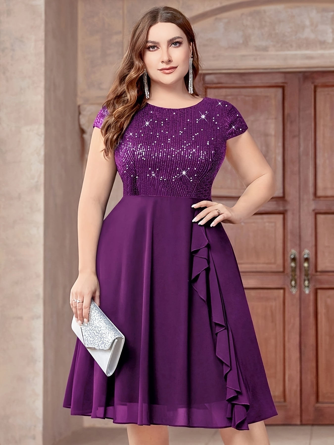 Women'S Plus-Size Chiffon Dress with Sequin Patchwork Party Dress Eid Dress