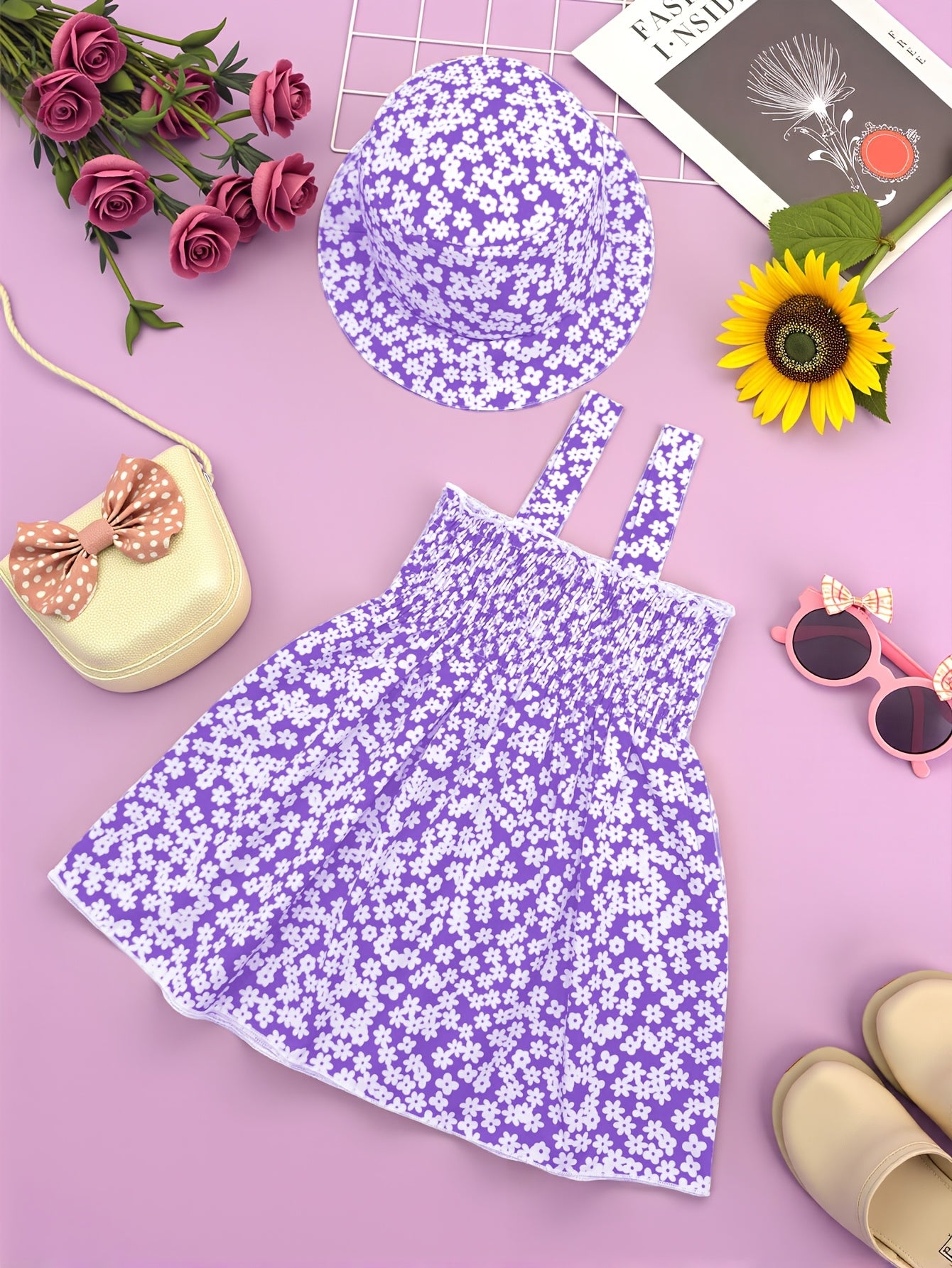 Casual Beachy Daisy Print Girls' Sleeveless Sun Hat Dress