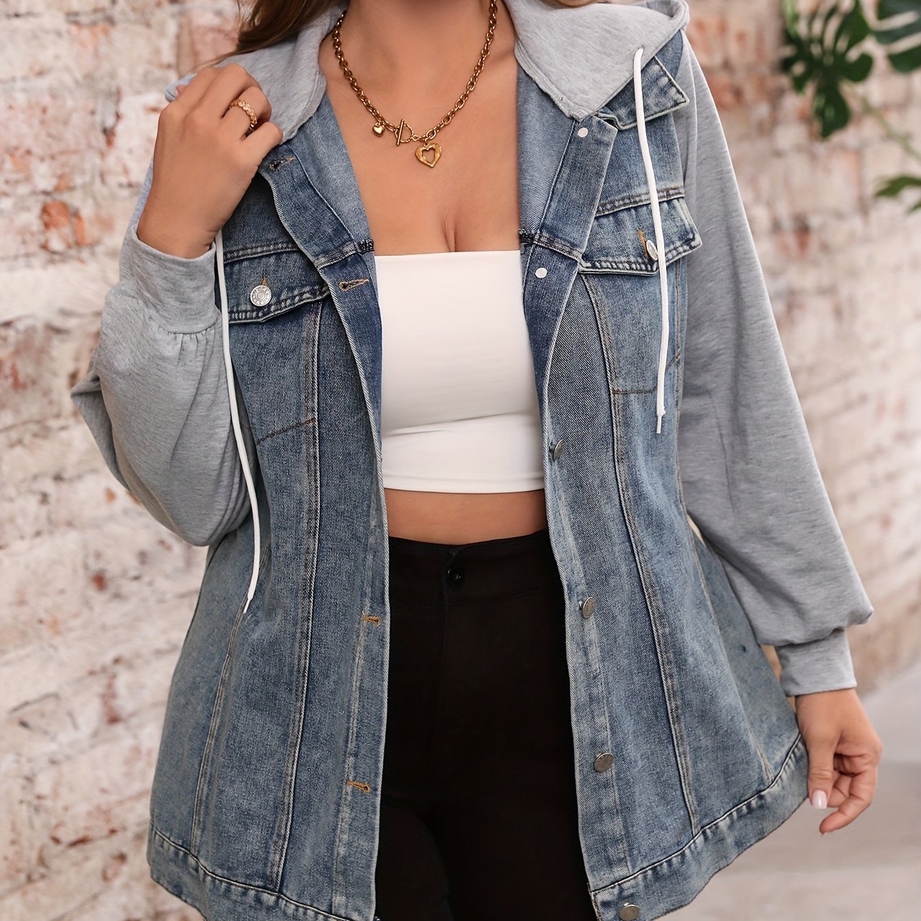 Denim Jacket and Long Pants | Elegant Hooded Design with Patchwork Details