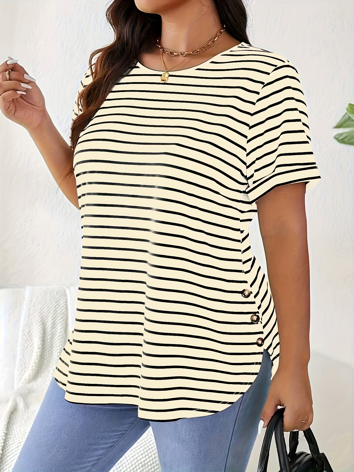 Plus Size Women's Elegant Striped Round Neck T-Shirt - Black & White Horizontal Stripes, Medium Stretch, Button Detail, Spring Summer Fall