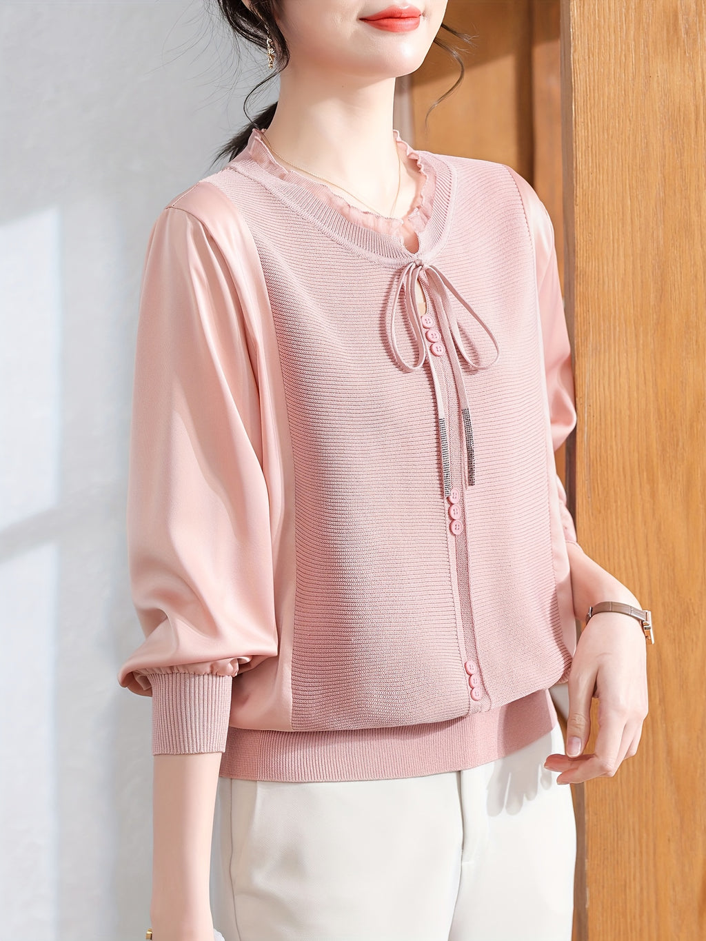 Women's Long-Sleeve Blouse - Age-Defying Tunic Top, Beige-Friendly & Breathable