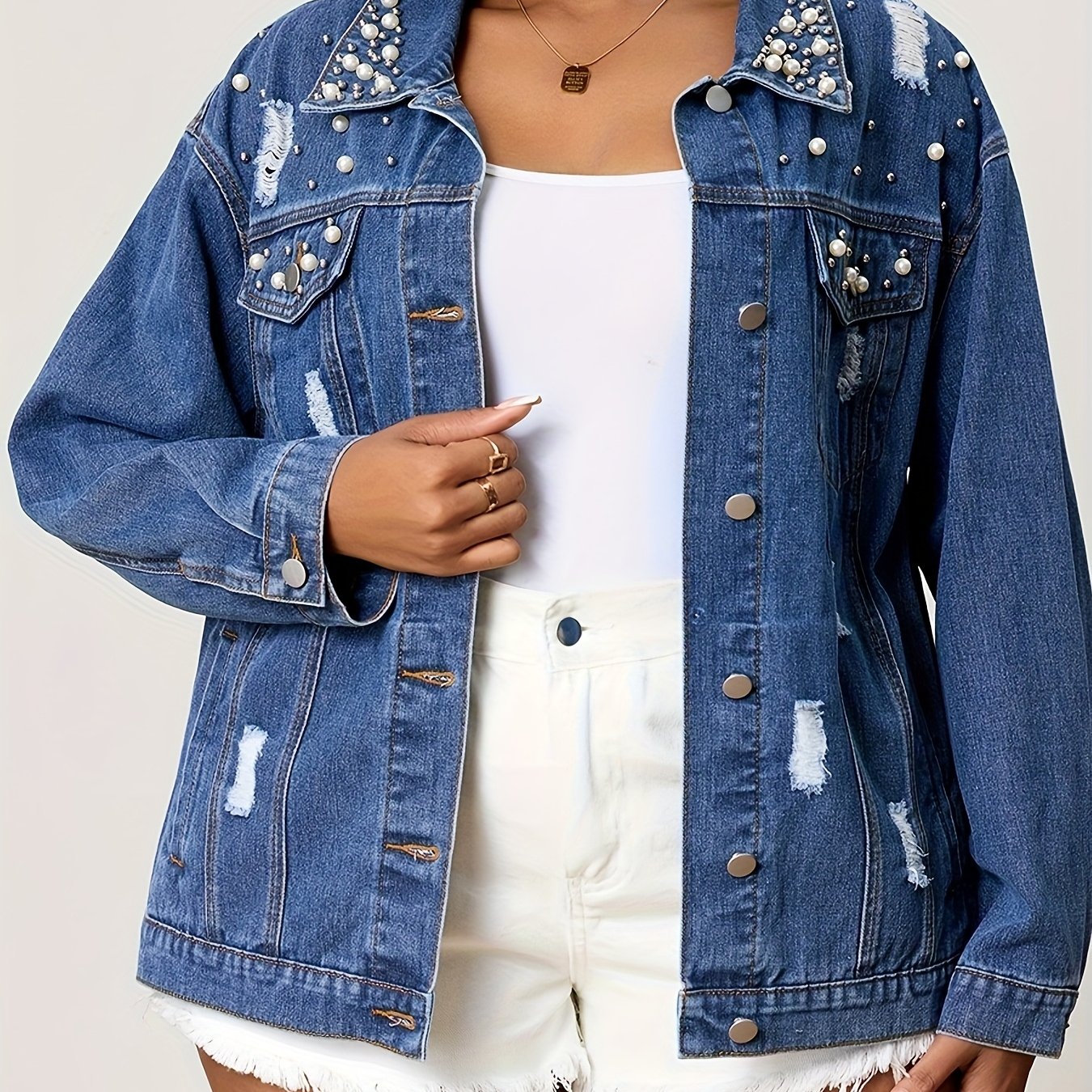 Plus-Size Unique Pearl Distressed Women's Jacket