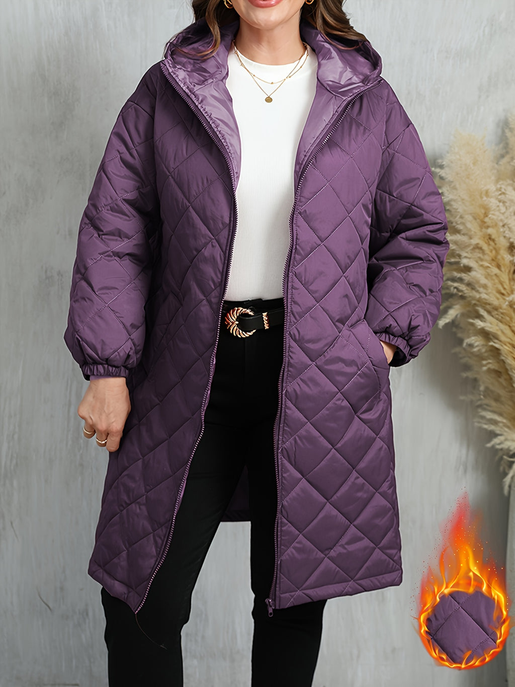 Plus Size, Women's Oversized Elegant Hooded Full-Zip Windproof Winter Coat - Heavy-Duty Warm