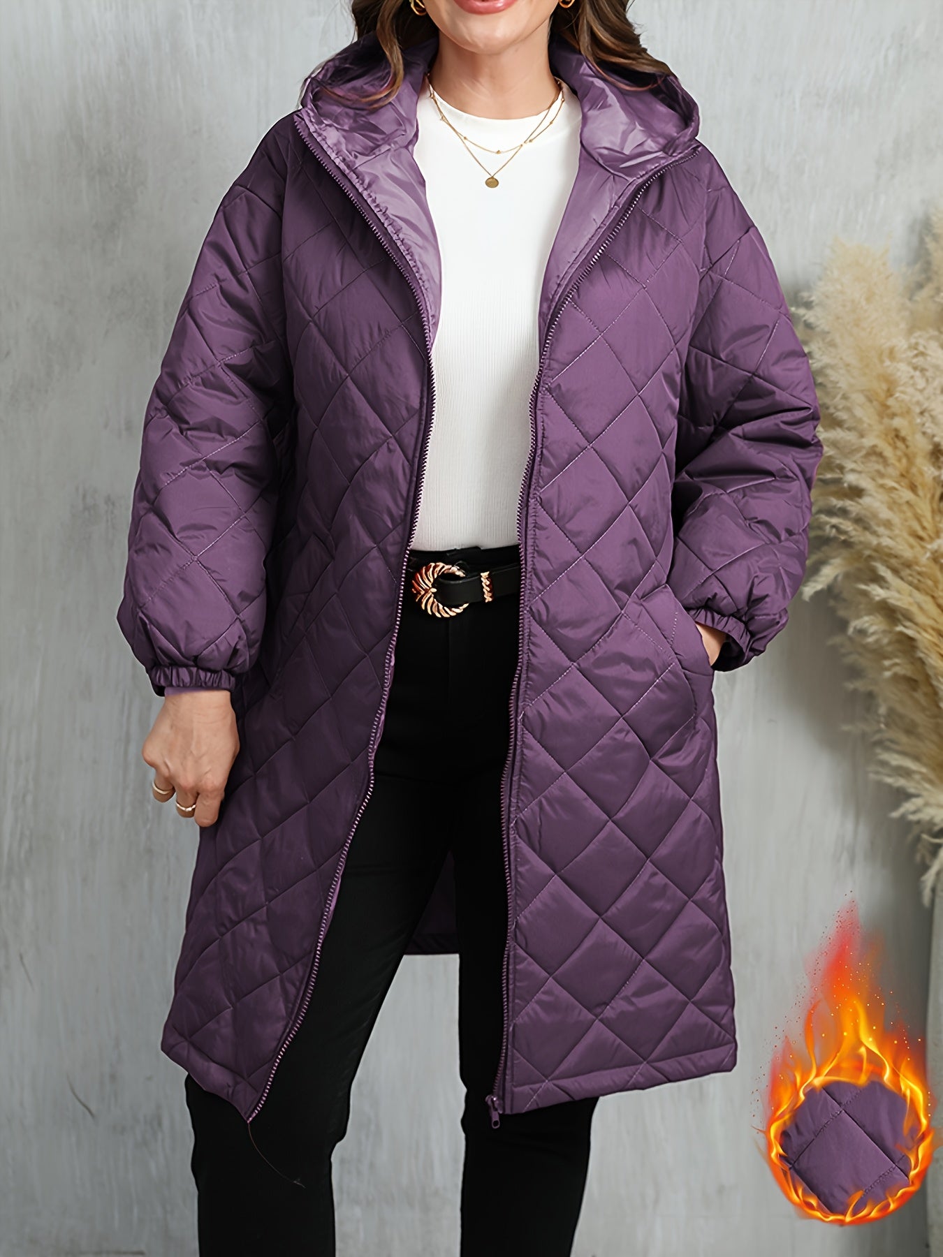 Plus Size, Women's Oversized Elegant Hooded Full-Zip Windproof Winter Coat - Heavy-Duty Warm