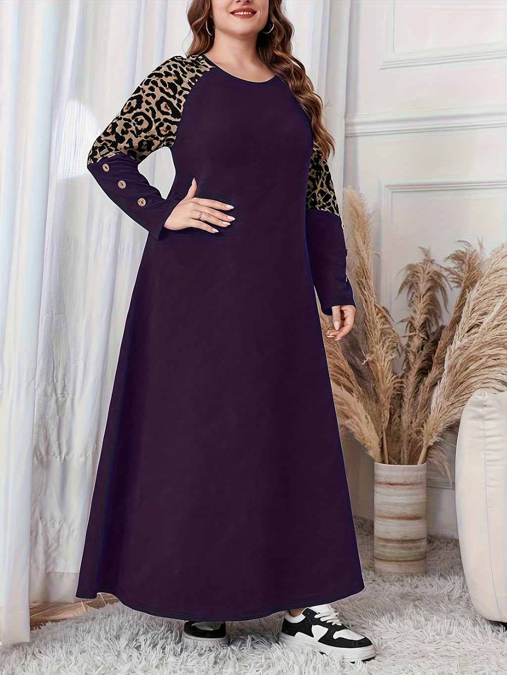 Women's Plus Size Elegant Leopard Print A-Line Maxi Dress with Swing Waist