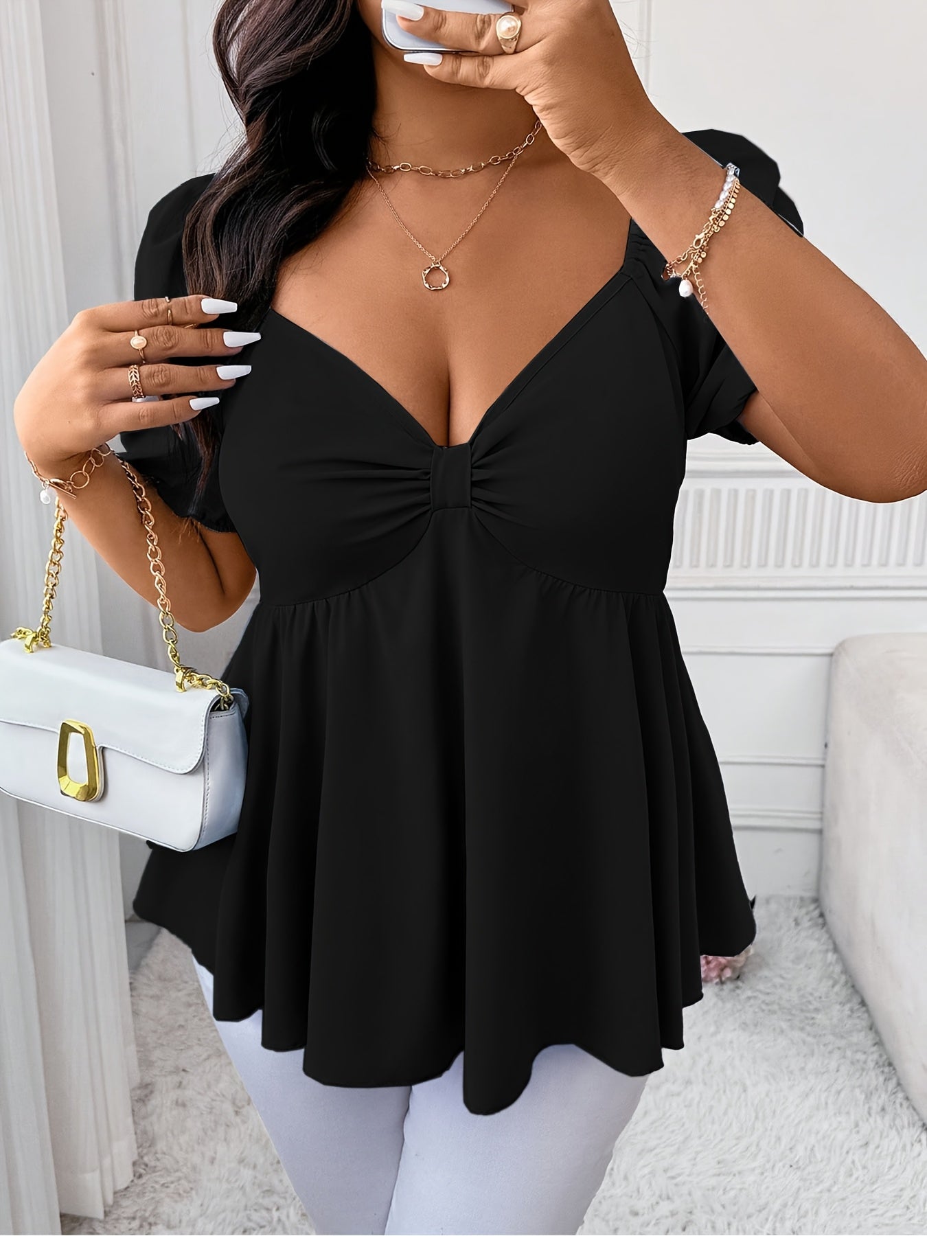 Elegant Plus Size Women's Deep V-Neck Blouse - Short Sleeve