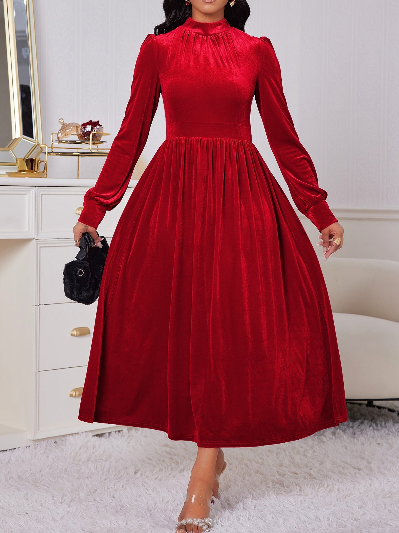Elegant Velvet Long Dress High Neck, Lantern Sleeve, Red, Vintage Style for Parties and Christmas