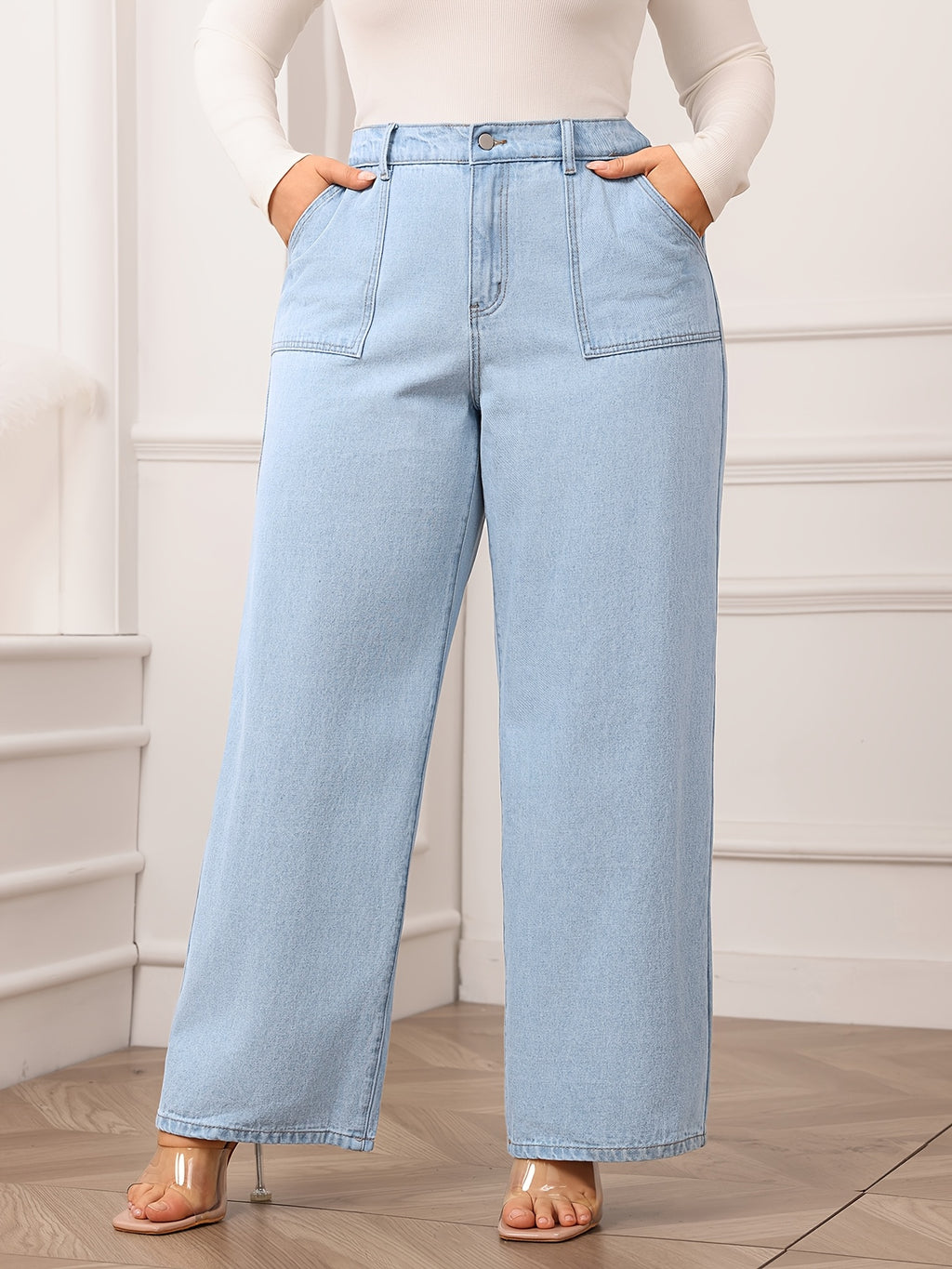 Women's High-Waisted Wide Leg Jeans - Light Blue, Non-Stretch Denim with Pockets, Casual Style