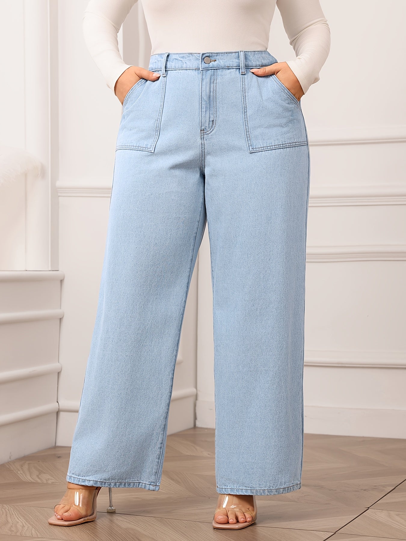 Women's High-Waisted Wide Leg Jeans - Light Blue, Non-Stretch Denim with Pockets, Casual Style