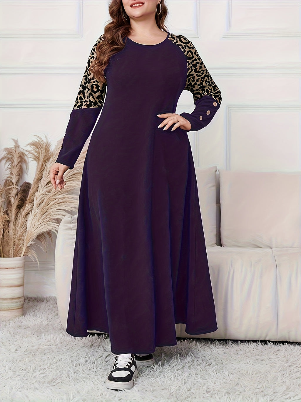 Women's Plus Size Elegant Leopard Print A-Line Maxi Dress with Swing Waist