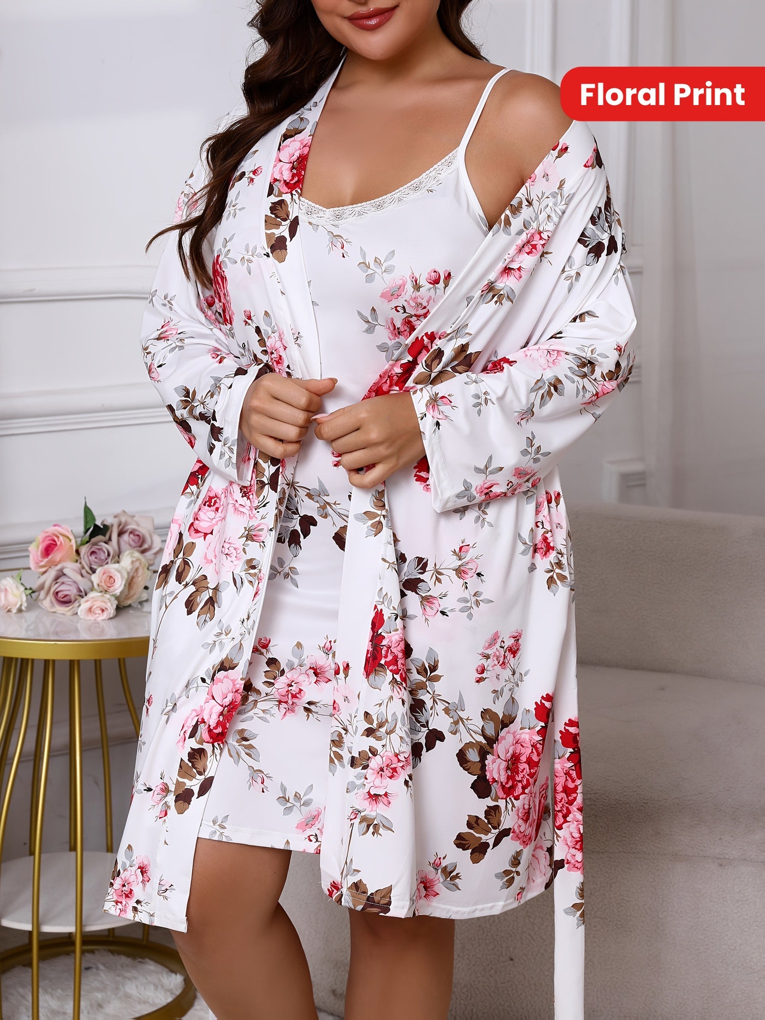 Plus Size Floral Print Sexy Lace Trim Camisole Nightgown with a Matching Tie Robe, a Two-Piece Sleepwear Set.