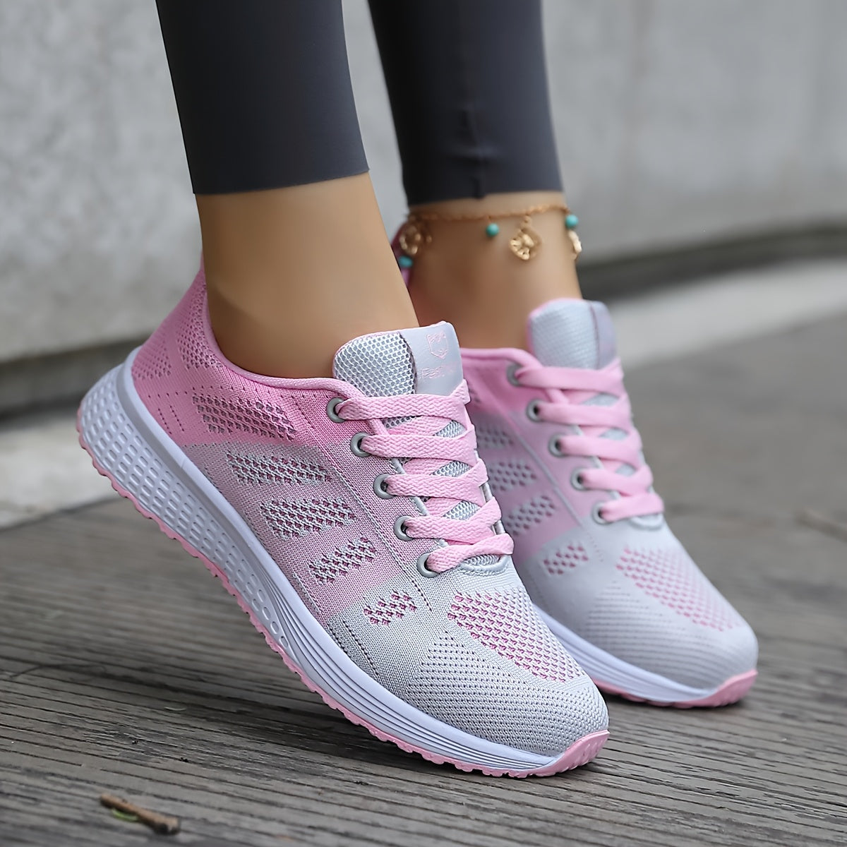 Women's Breathable Mesh Sneakers - Black & Pink Color-Block Design, Comfortable EVA Sole, Lace-Up Low-Top Casual Shoes for All-Season