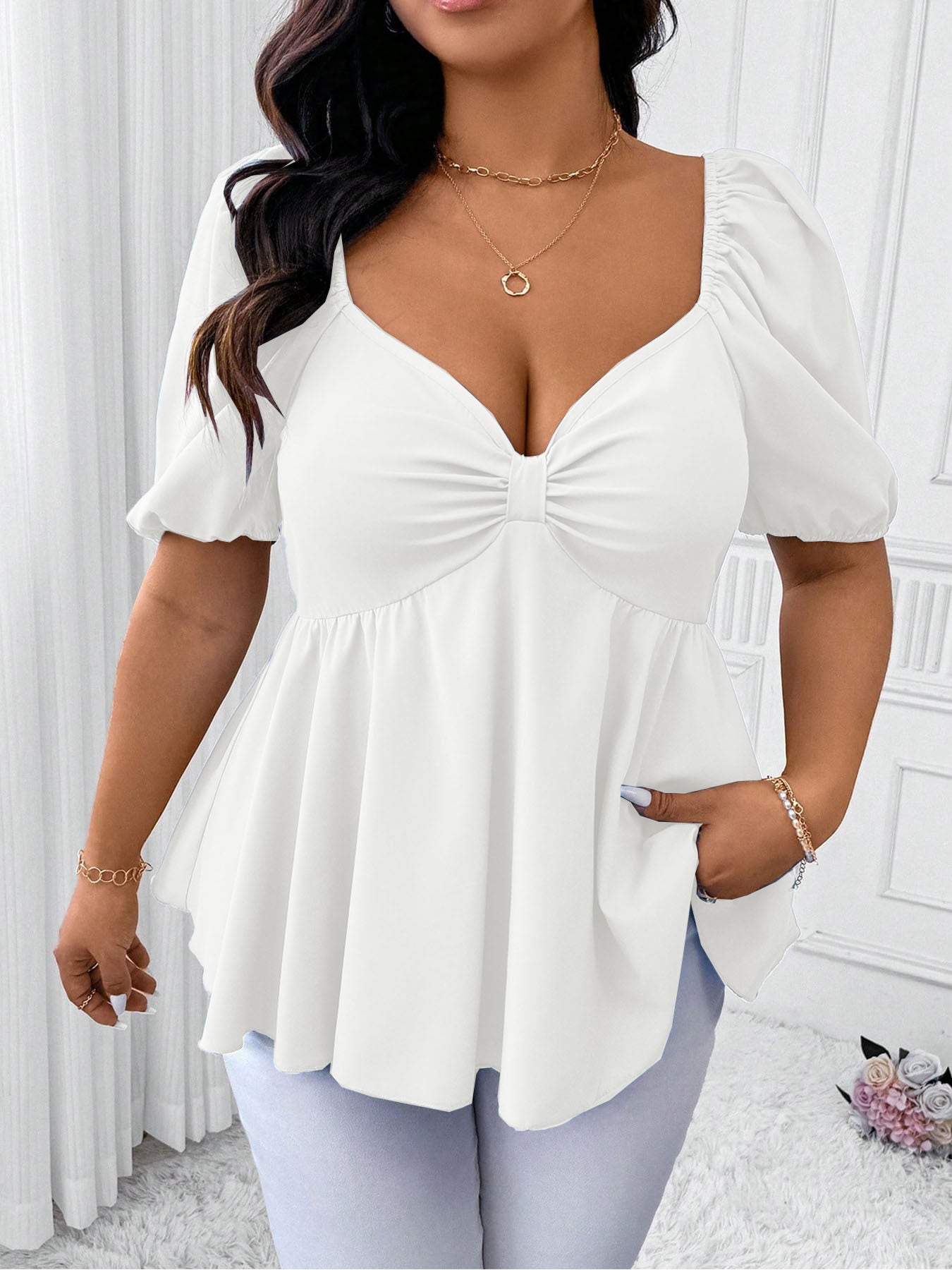Elegant Plus Size Women's Deep V-Neck Blouse - Short Sleeve