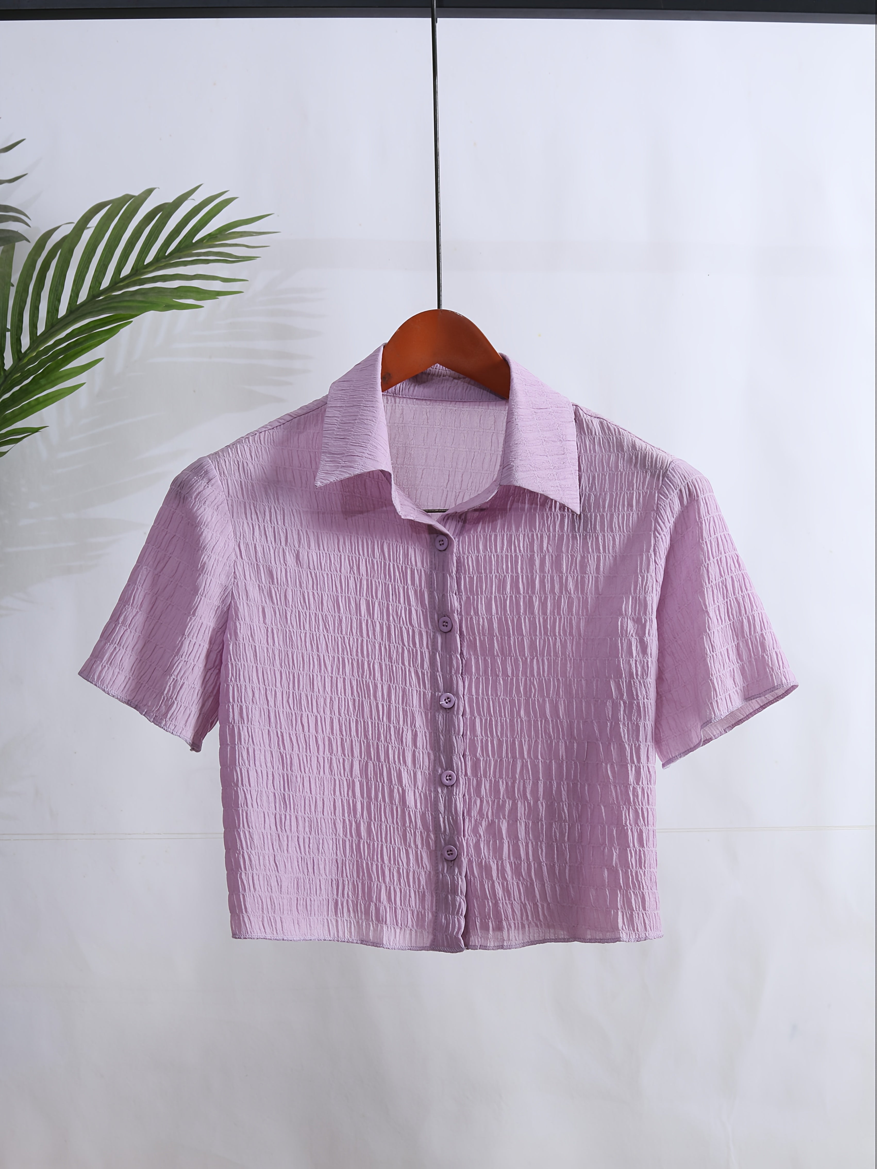 Women's Casual Red Short Sleeve Button-Up Shirt - Machine Washable, Collared Design