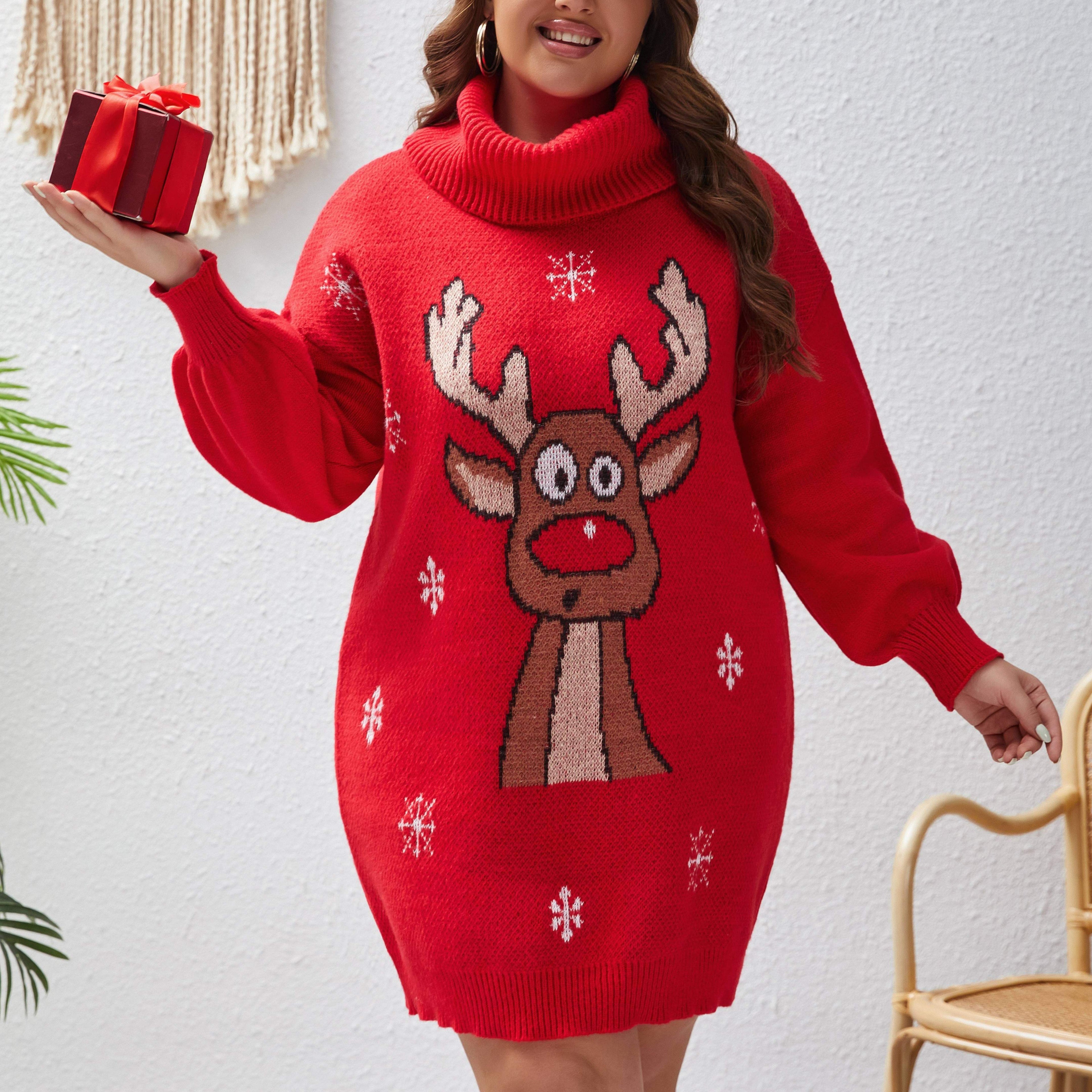 Plus Size Christmas Reindeer Pattern Turtleneck Sweater Dress 100% Polyester Knit Fabric, Party New Year