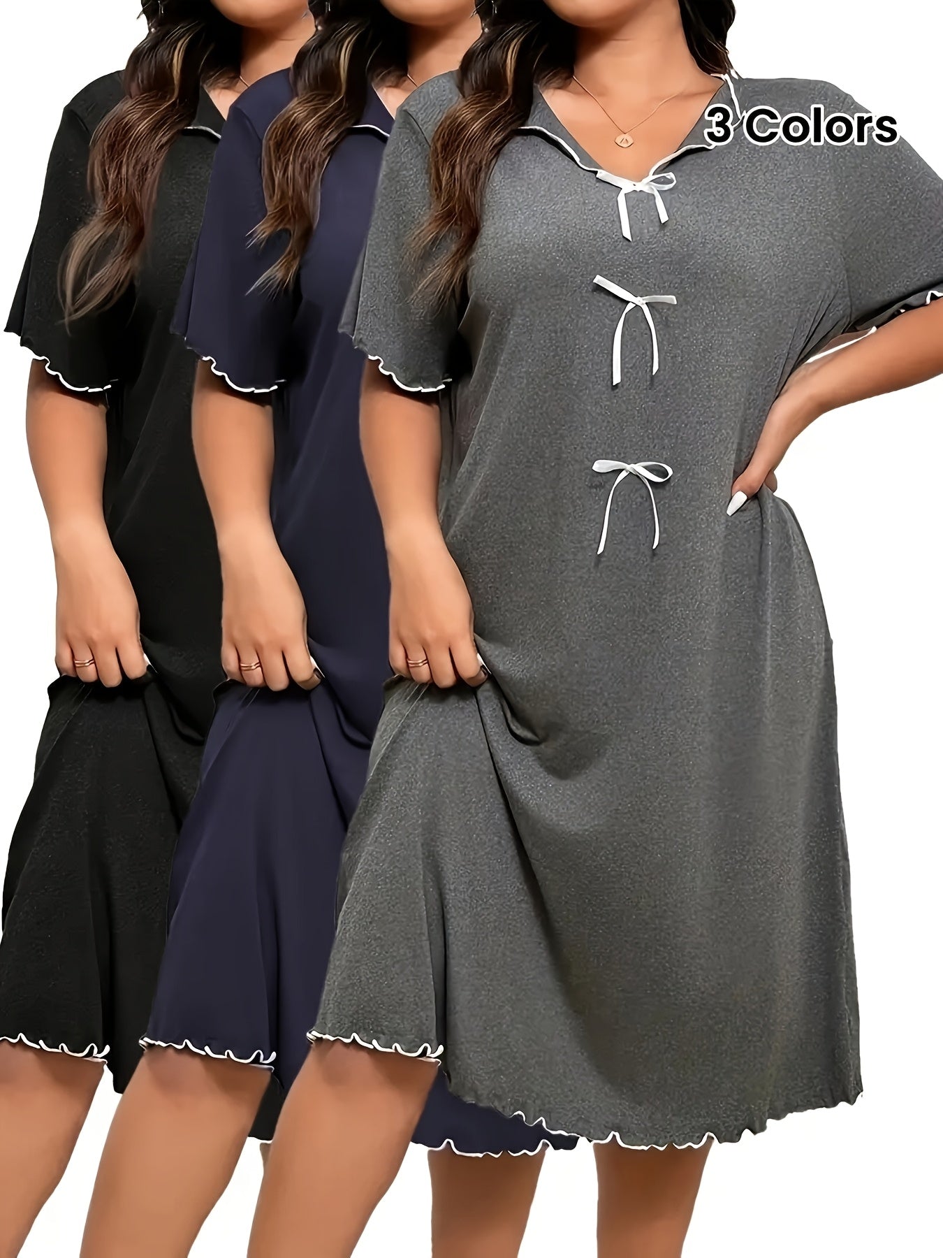 3pcs Set Women's Plus Size Solid Color Simple Collarless Sleep Dress with Ruffle Design Casual Lounge Wear
