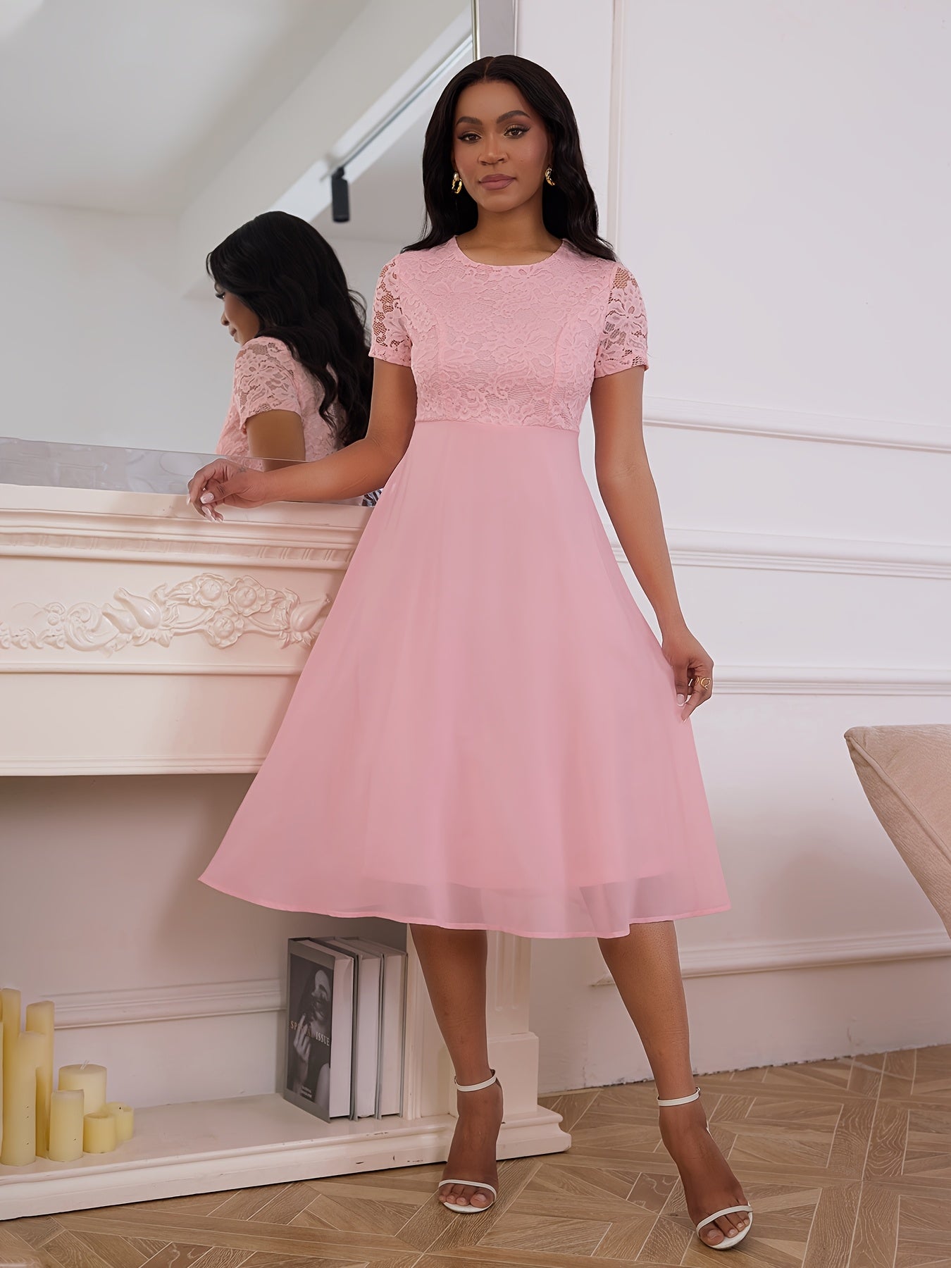 Polyester Elegant Pink Lace Midi Dress