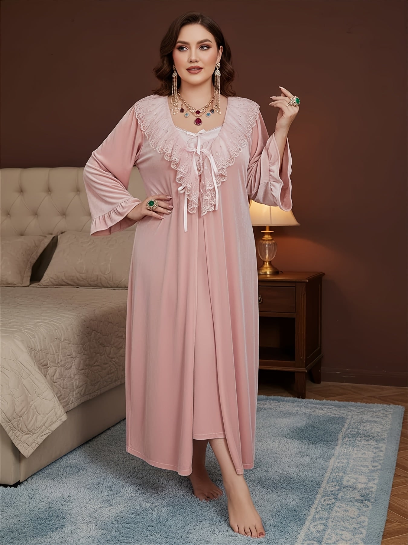 Plus Size Pajama Sets, Royal Style, Medium Stretch Fabric, Solid Color with Contrast Lace Details