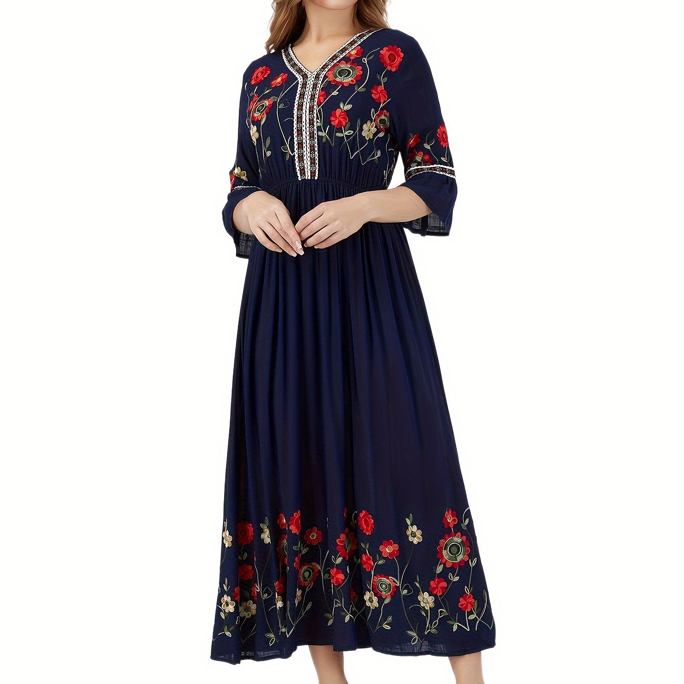 Elegant Green Embroidered Maxi Dress with V-Neck and Ruffle Sleeves
