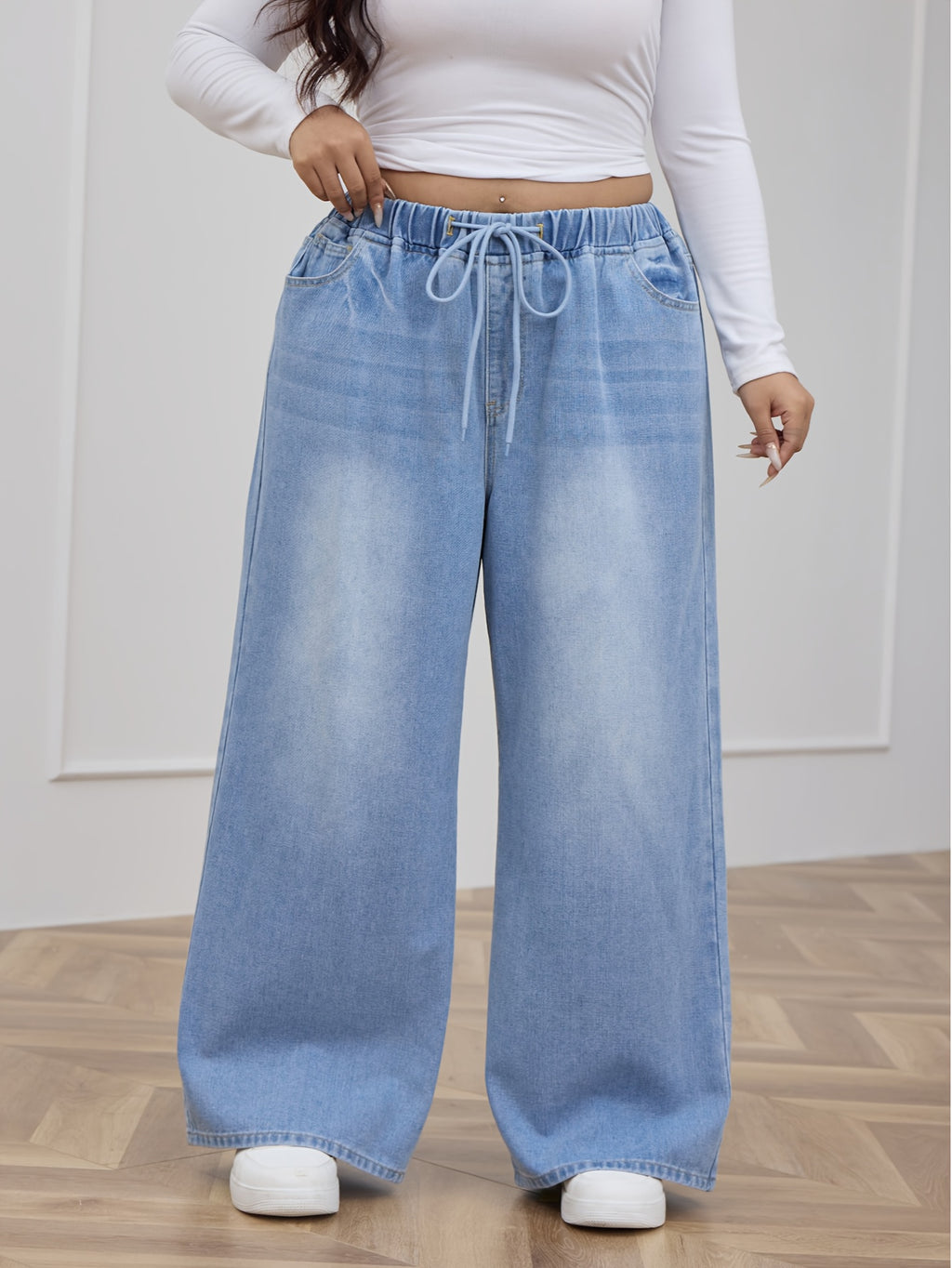 Plus Size Women's Straight-Leg Jeans - Elegant X-Line Relaxed Fit with Drawstring Waist & No Belt Loops