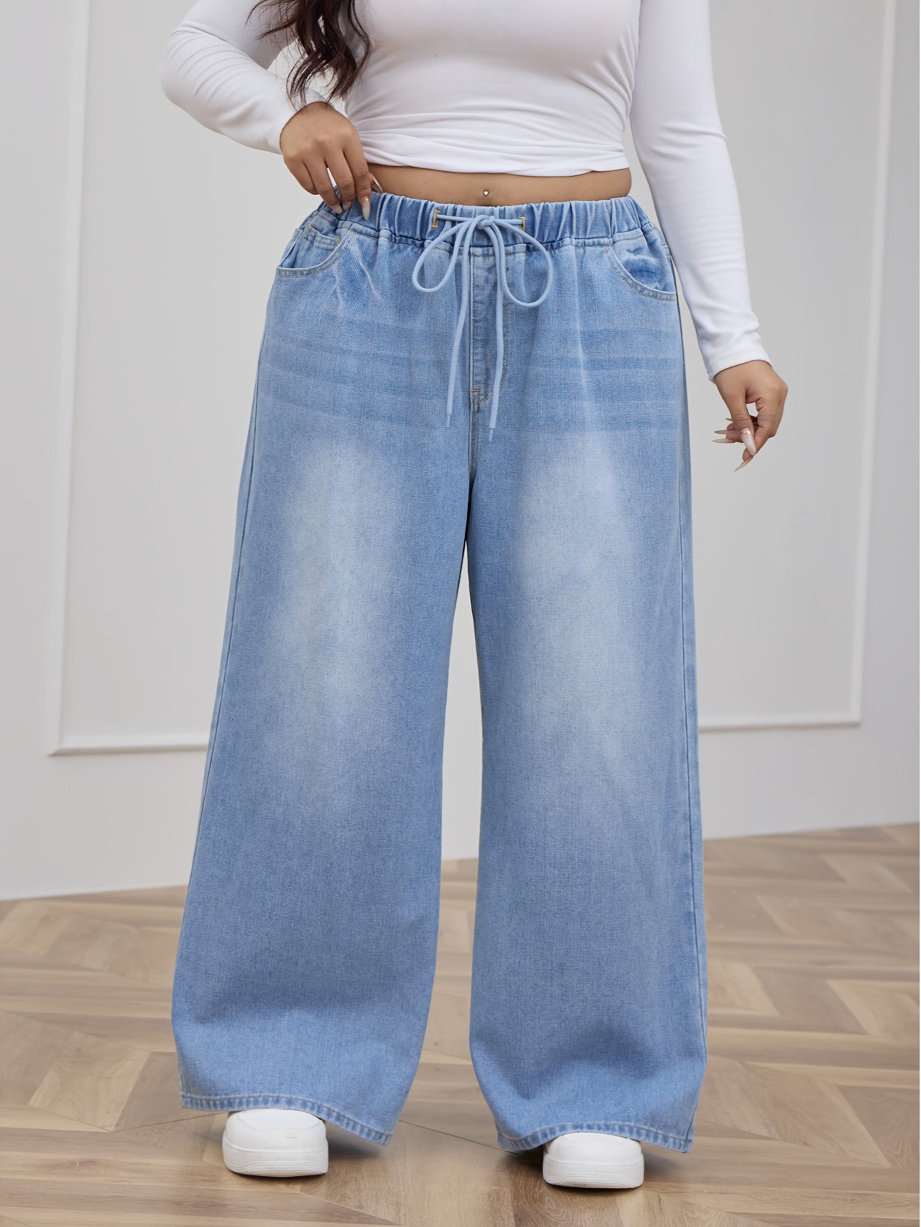 Plus Size Women's Straight-Leg Jeans - Elegant X-Line Relaxed Fit with Drawstring Waist & No Belt Loops