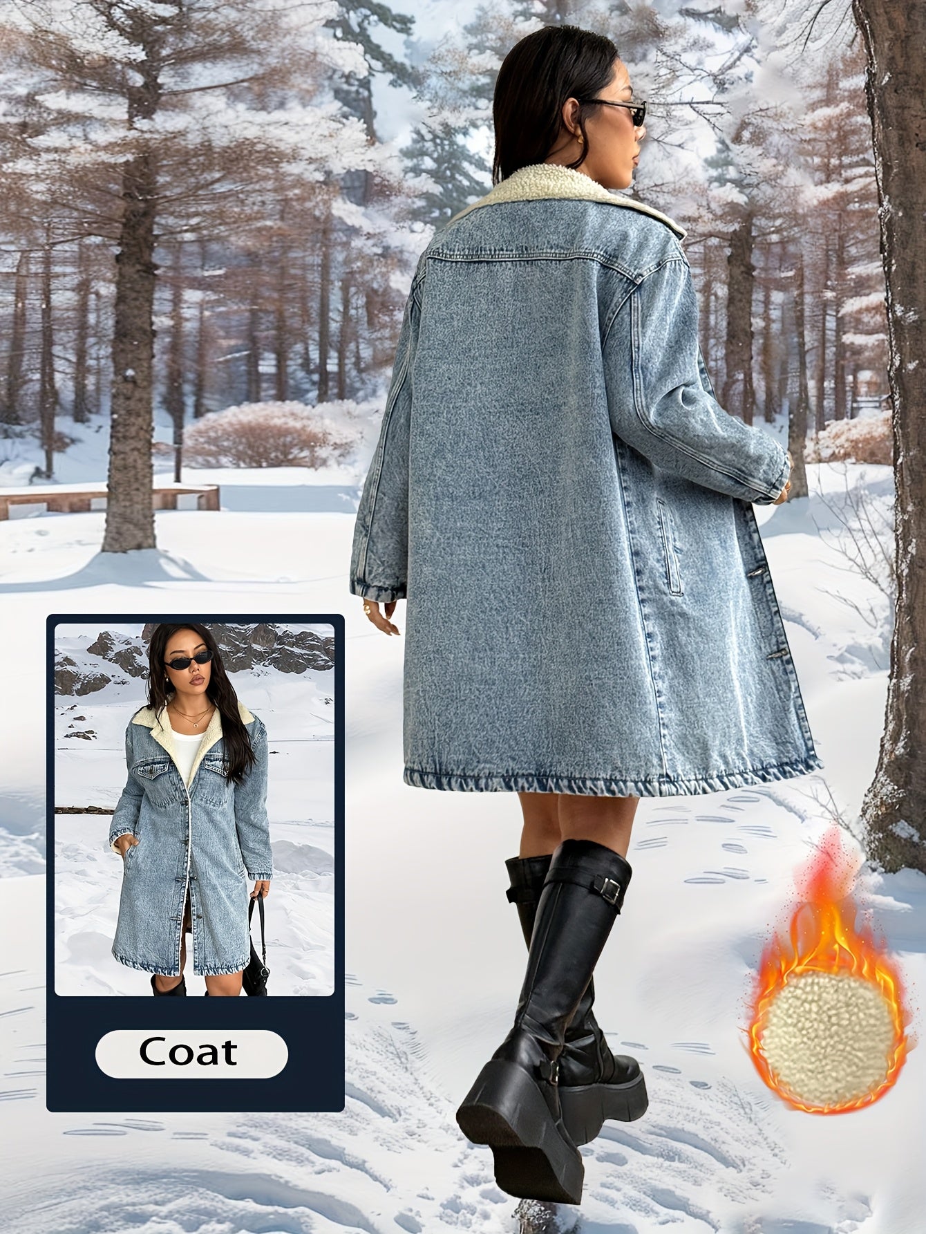 Women's Vintage Washed Heavy-Denim Oversized Coat - Long Winter Jacket with Collar & Fringe-Free Hem