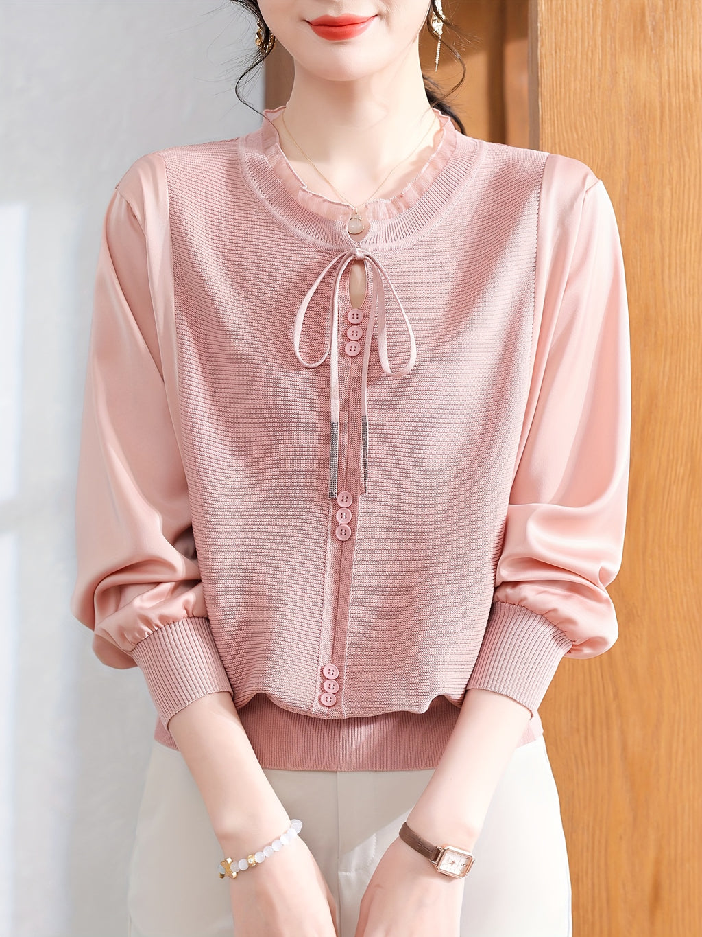 Women's Long-Sleeve Blouse - Age-Defying Tunic Top, Beige-Friendly & Breathable