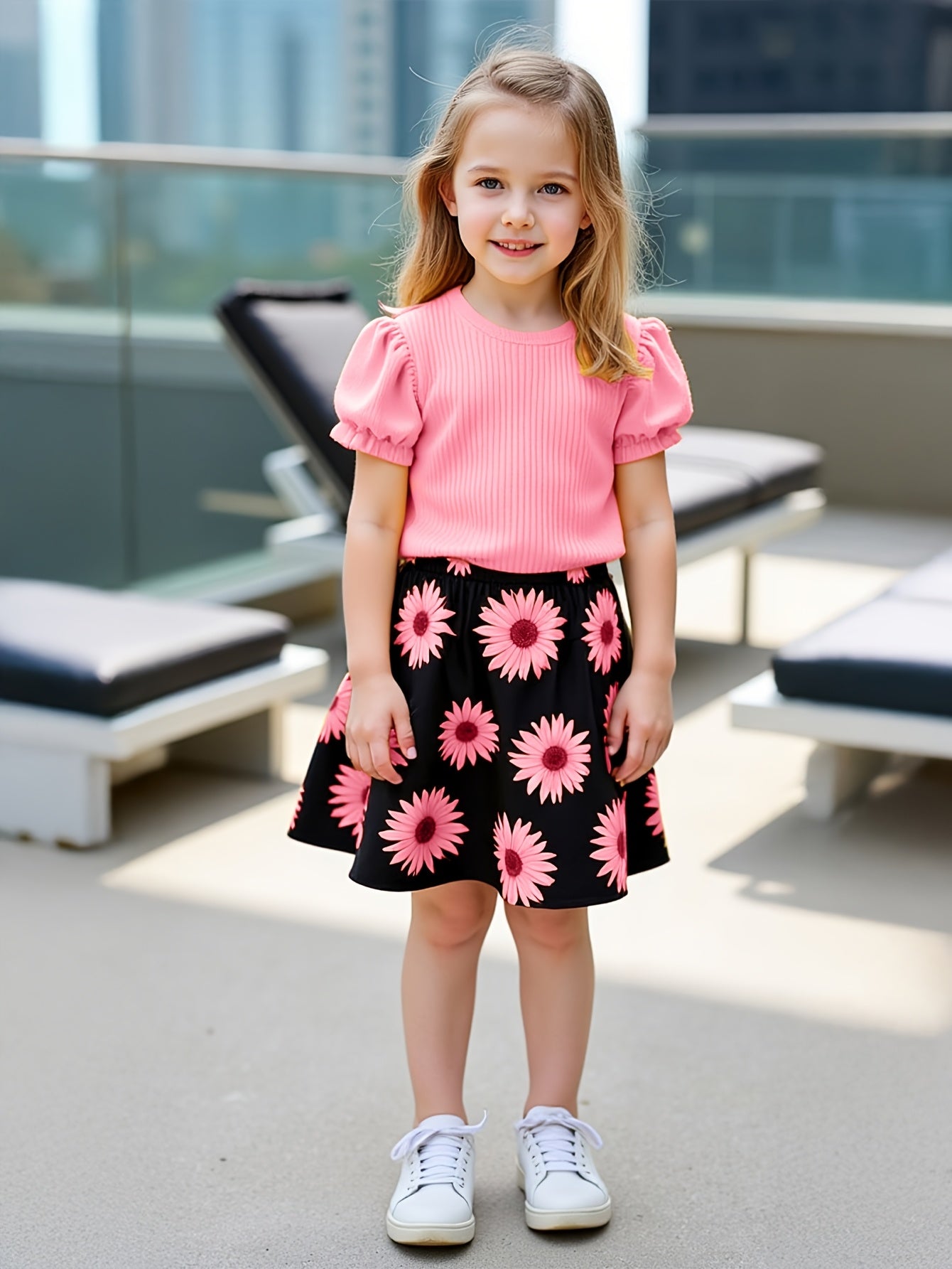 Girls' Sunflower Print Short Sleeve Top + Skirt Set