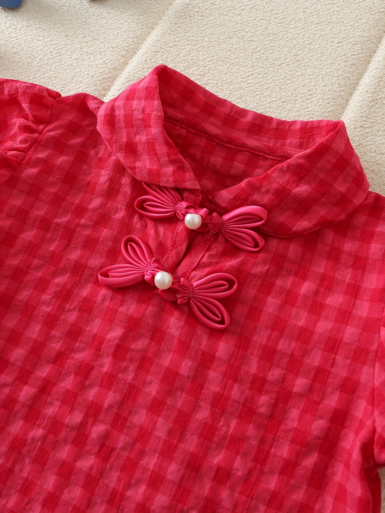 2pcs Korean Style Red Grid Half Sleeve Skirt Set for Youngsters Girls