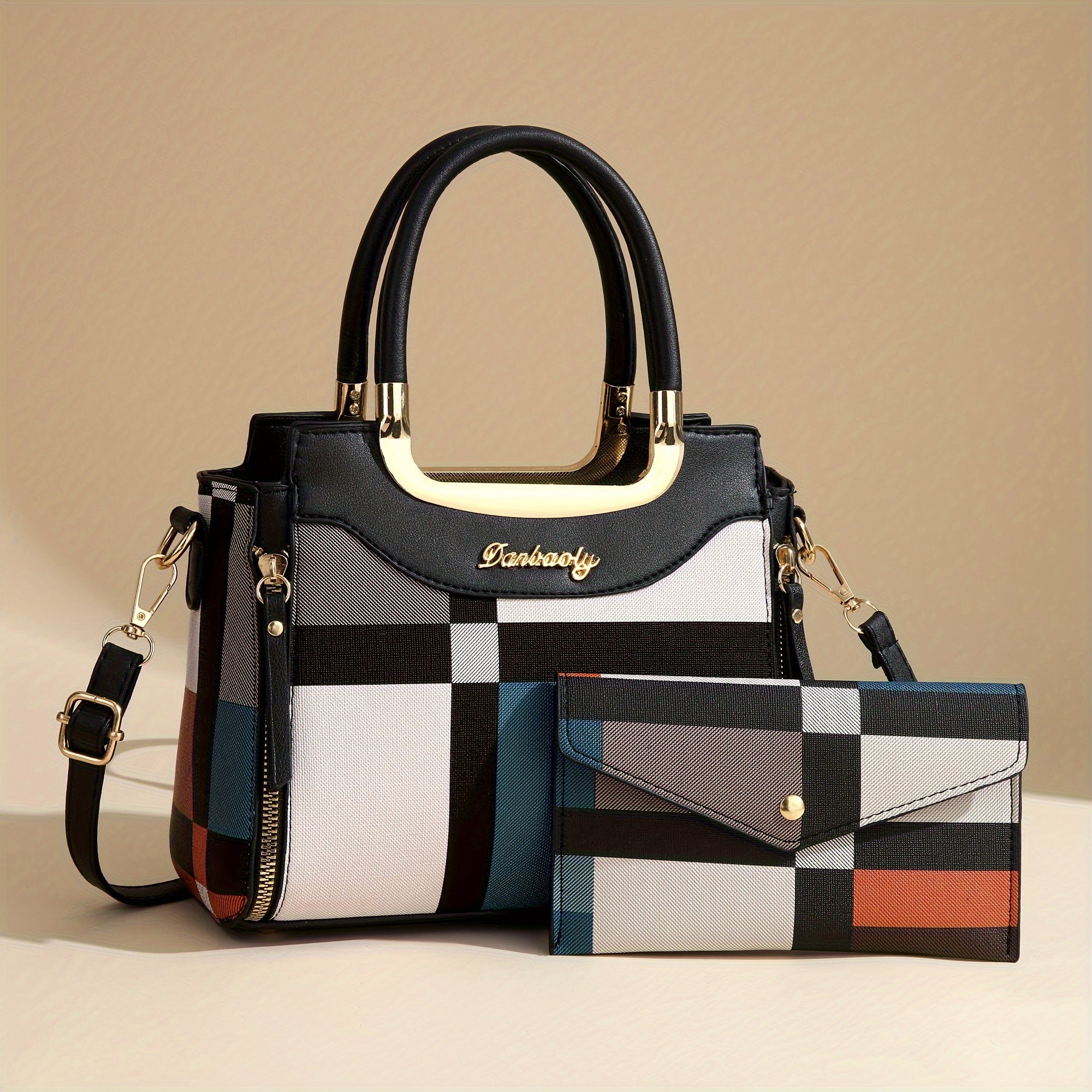 Elegant Plaid Tote and Crossbody Bag Set