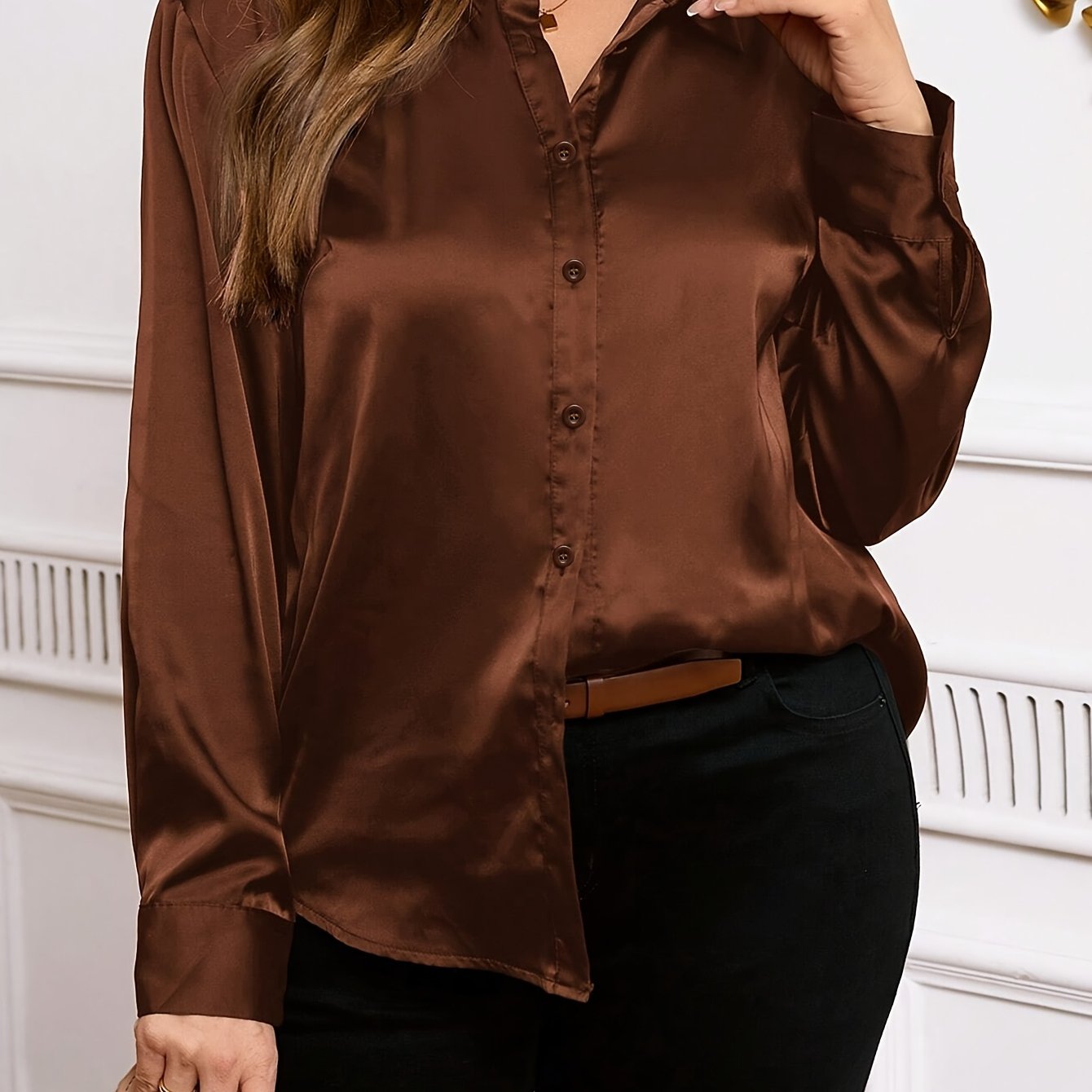 Plus Size Women's Shiny Satin Twill Button-Up Shirt