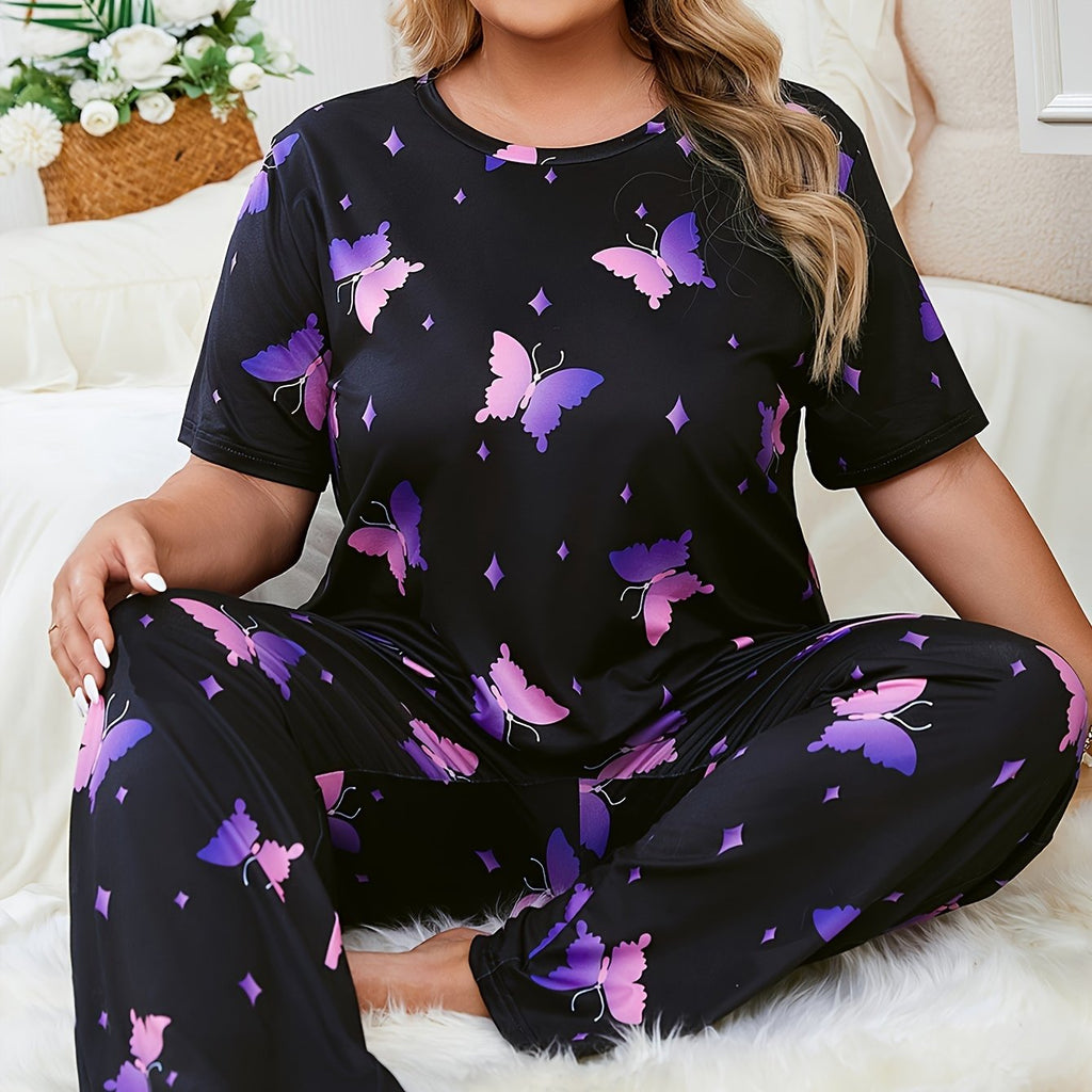 Women's Plus Cute Pajama Set, Plus Size Star & Butterfly Print Short Sleeve Crew Neck T-shirt & Pants Pajama 2 Piece Set