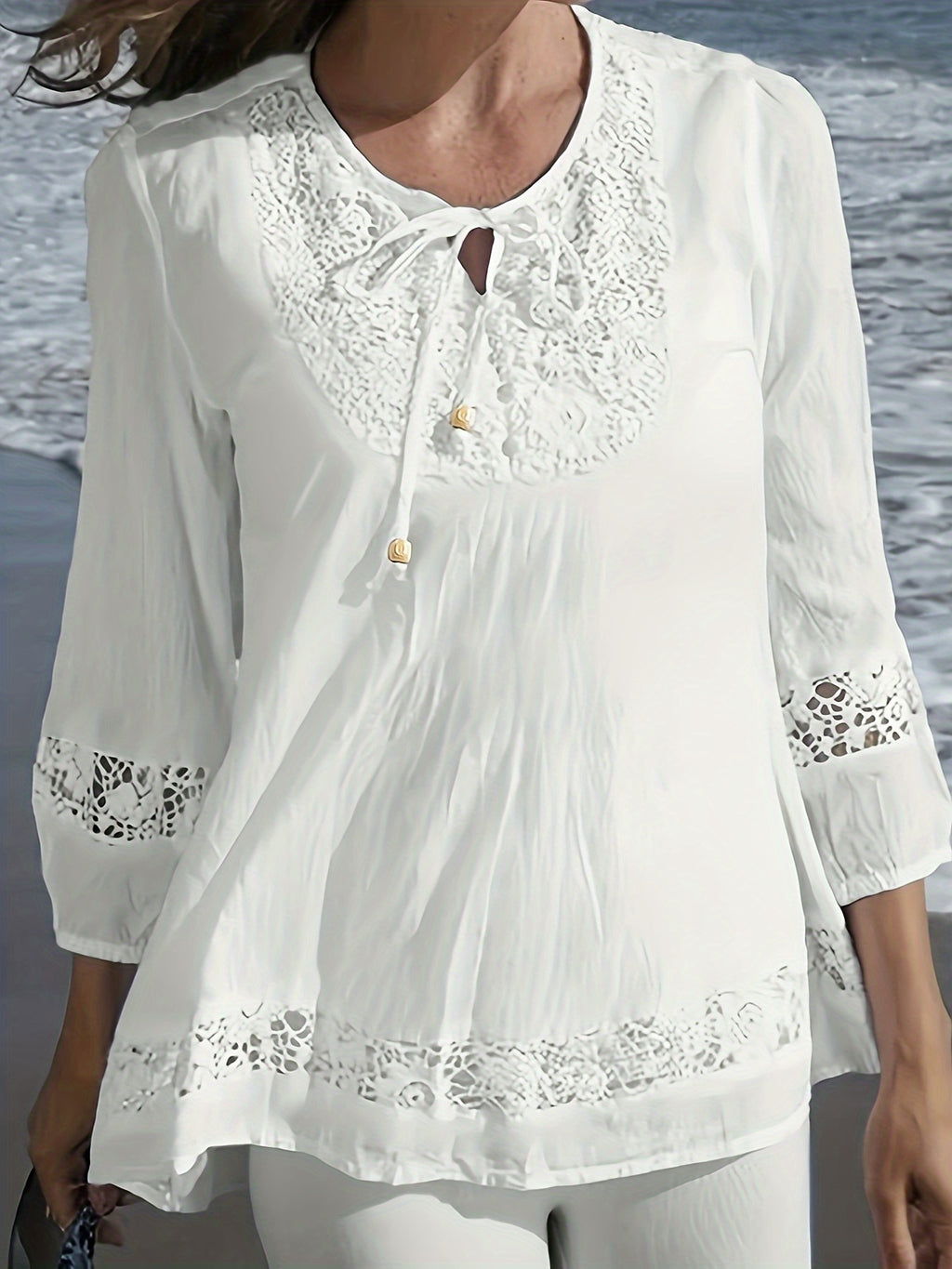 Casual Tie-neck 3/4 Sleeve Blouse For Spring, Women's Plus Size