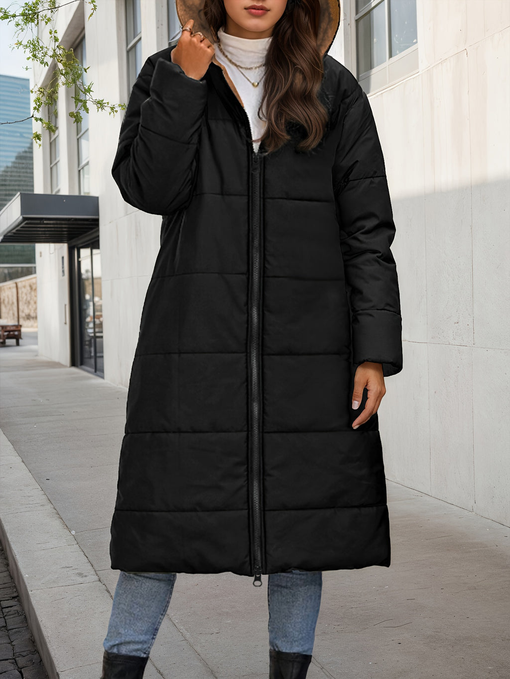 Women's Elegant Plush-Like Quilted Hooded Coat - Long Winter Jacket with Hood