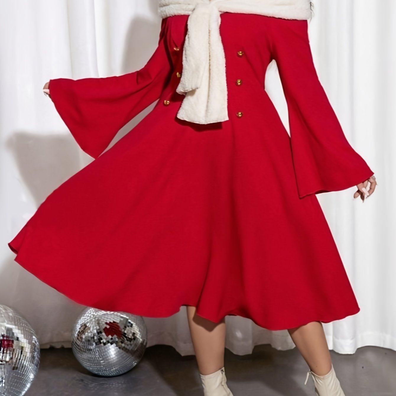 Plus Size Elegant Off-Shoulder Long Sleeve Flared Dress for Christmas New Year Party Dress