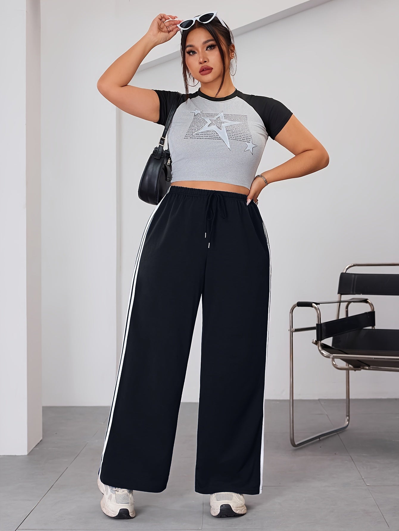 Plus Size Wide Leg Pants with Side Stripes