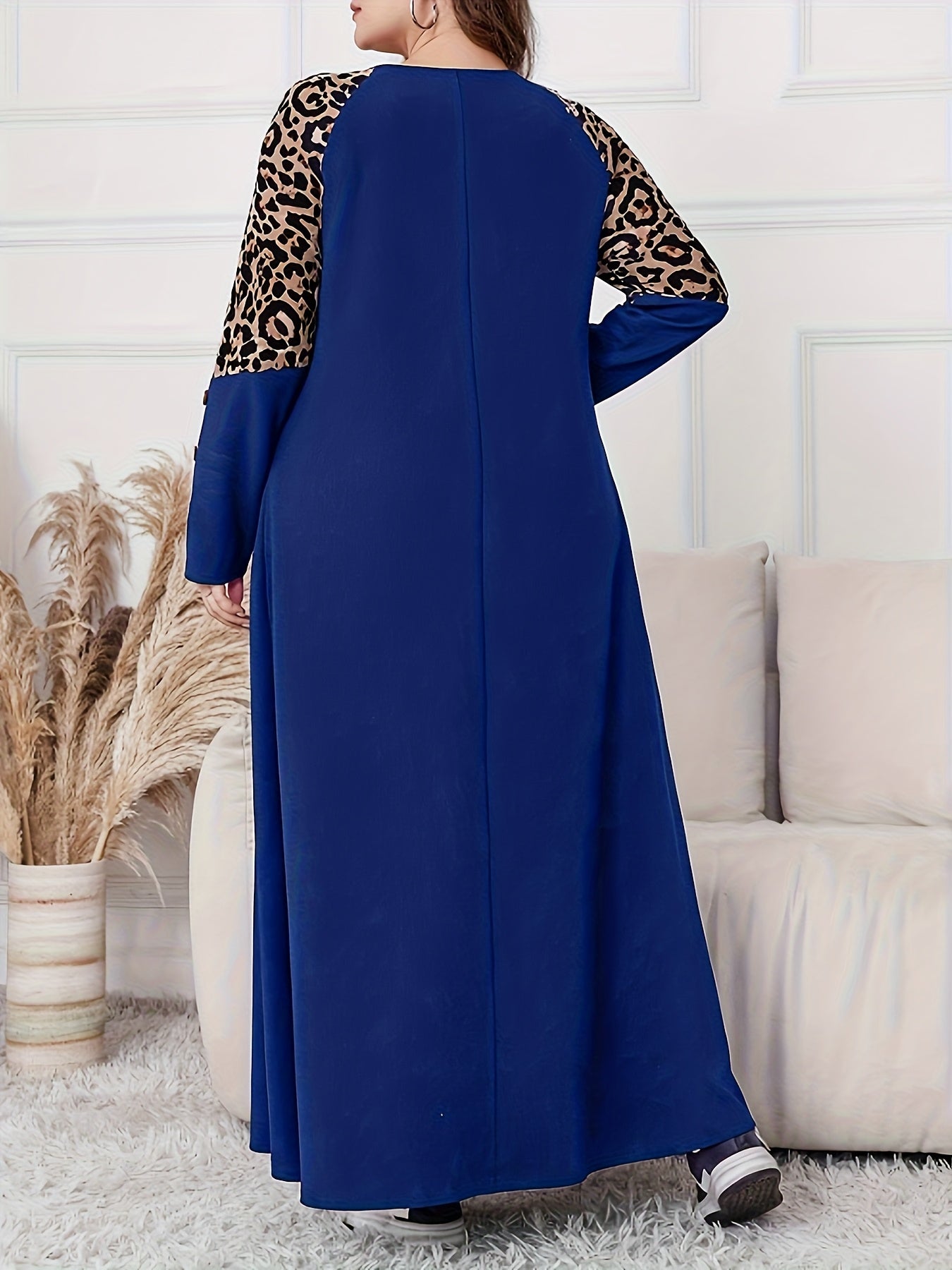 Women's Plus Size Elegant Leopard Print A-Line Maxi Dress with Swing Waist