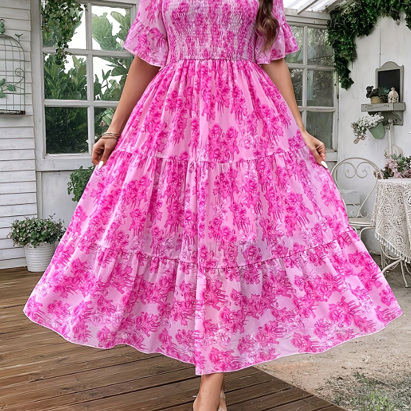 Plus Size Floral Print Chiffon Dress - Loose Fit
