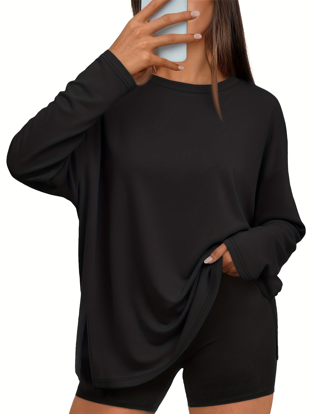 Oversized Three-Piece Women's Comfortable Top Casual Basic Side Slit Shirt Loose