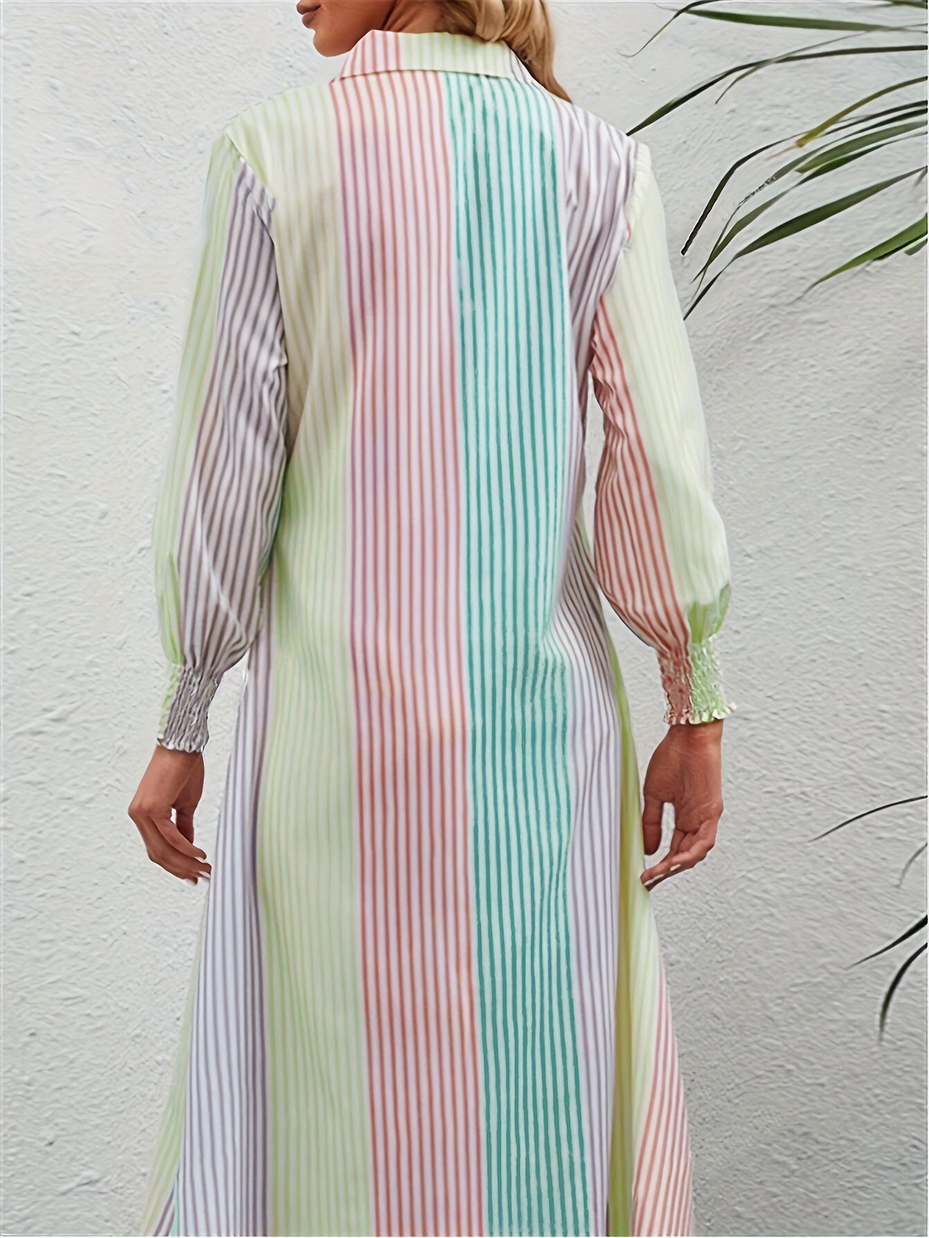 Women's Elegant Rainbow Striped Long Sleeve Shirt Dress