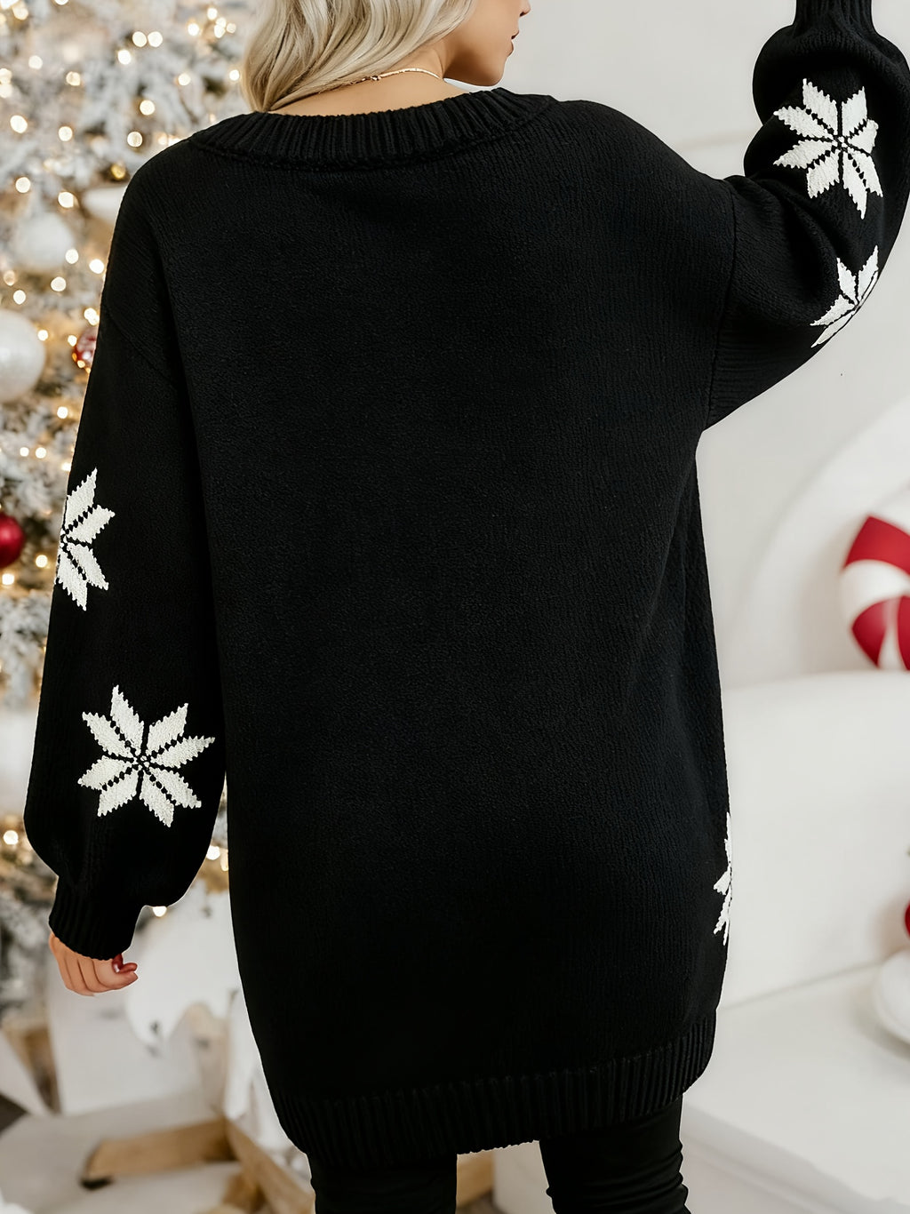 Red & White Snowflake Winter Dress Christmas Day Loose-Fit Poinsettia Smock Sleeve Mid-Length Dress