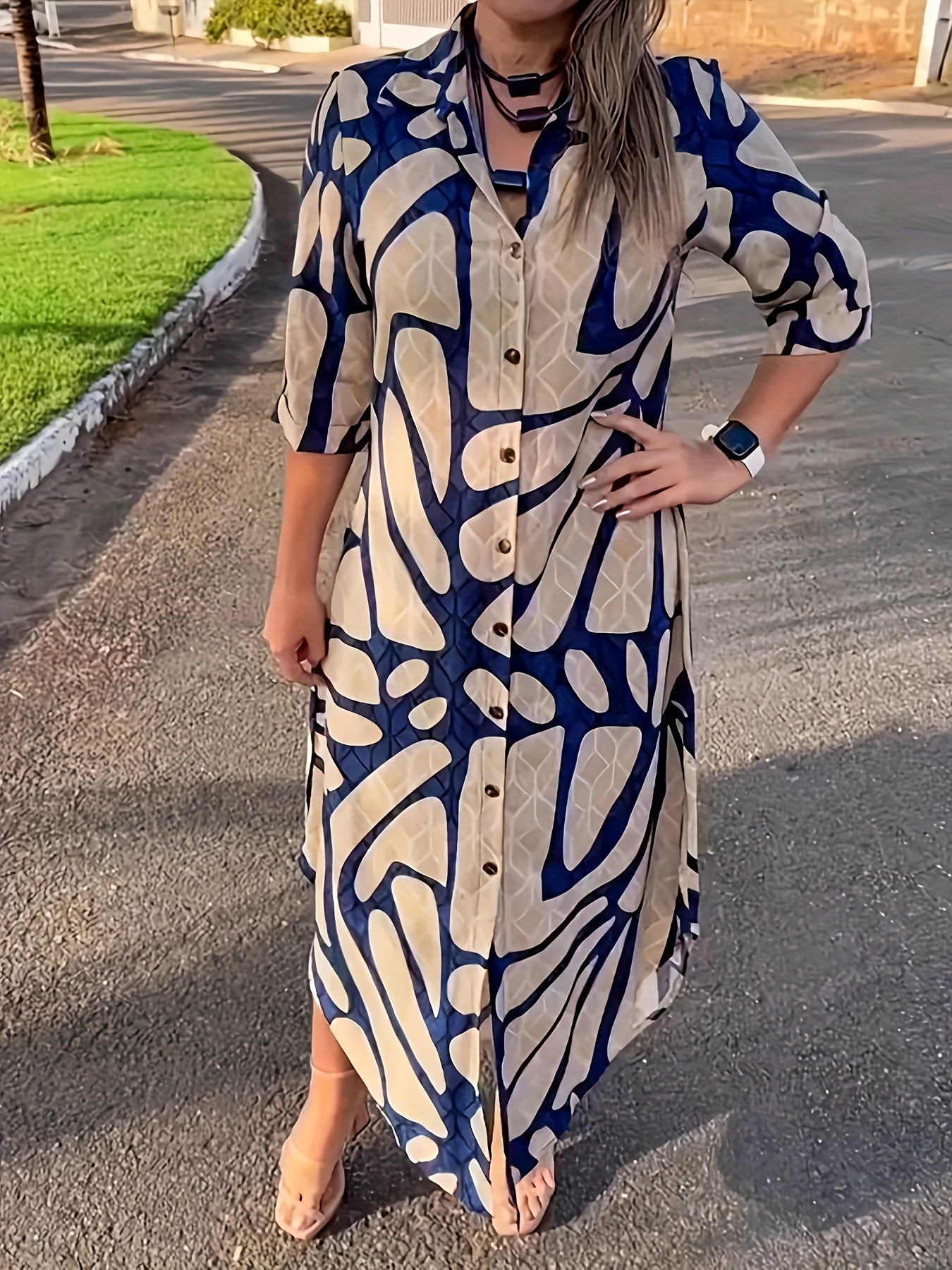 Allover Print Button Front Shirt Dress, Elegant Long Sleeve Loose Fit Dress