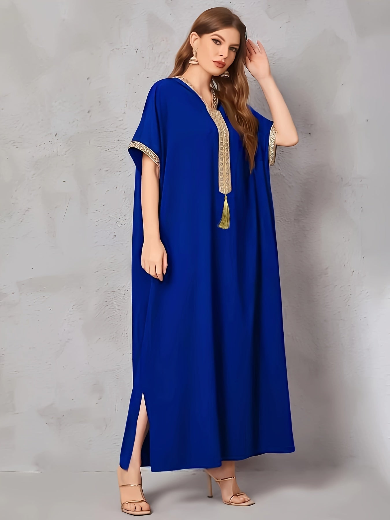 Contrast Trim V-neck Kaftan Dress, Elegant Batwing Sleeve