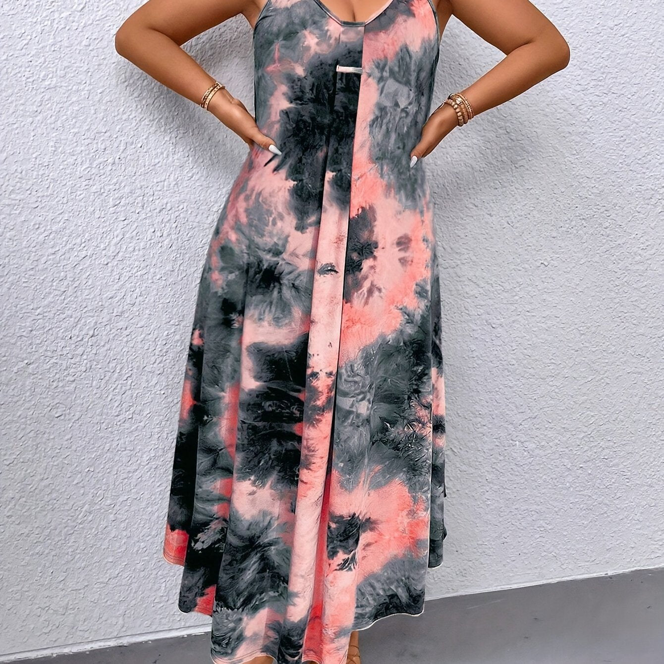 European and American trendy plus-size Women's tie-dye dress with halter neck